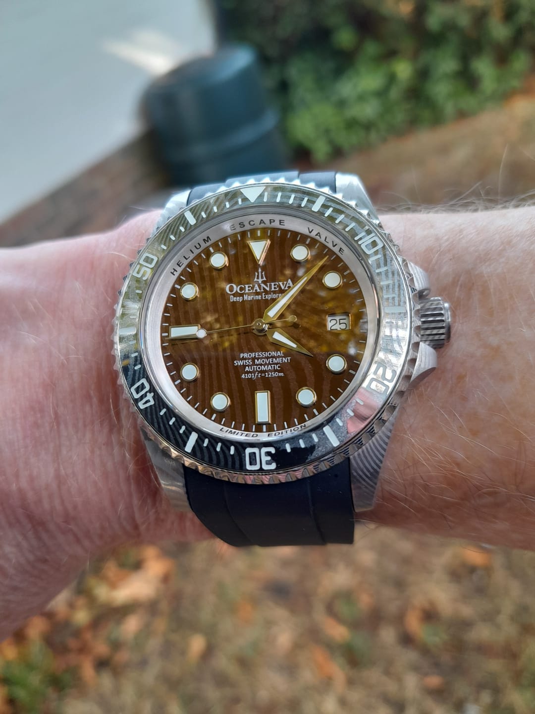Customer photo review of Oceaneva Mens Deep Marine Explorer II Coffee Brown Damascus Steel Dial Watch Rubber