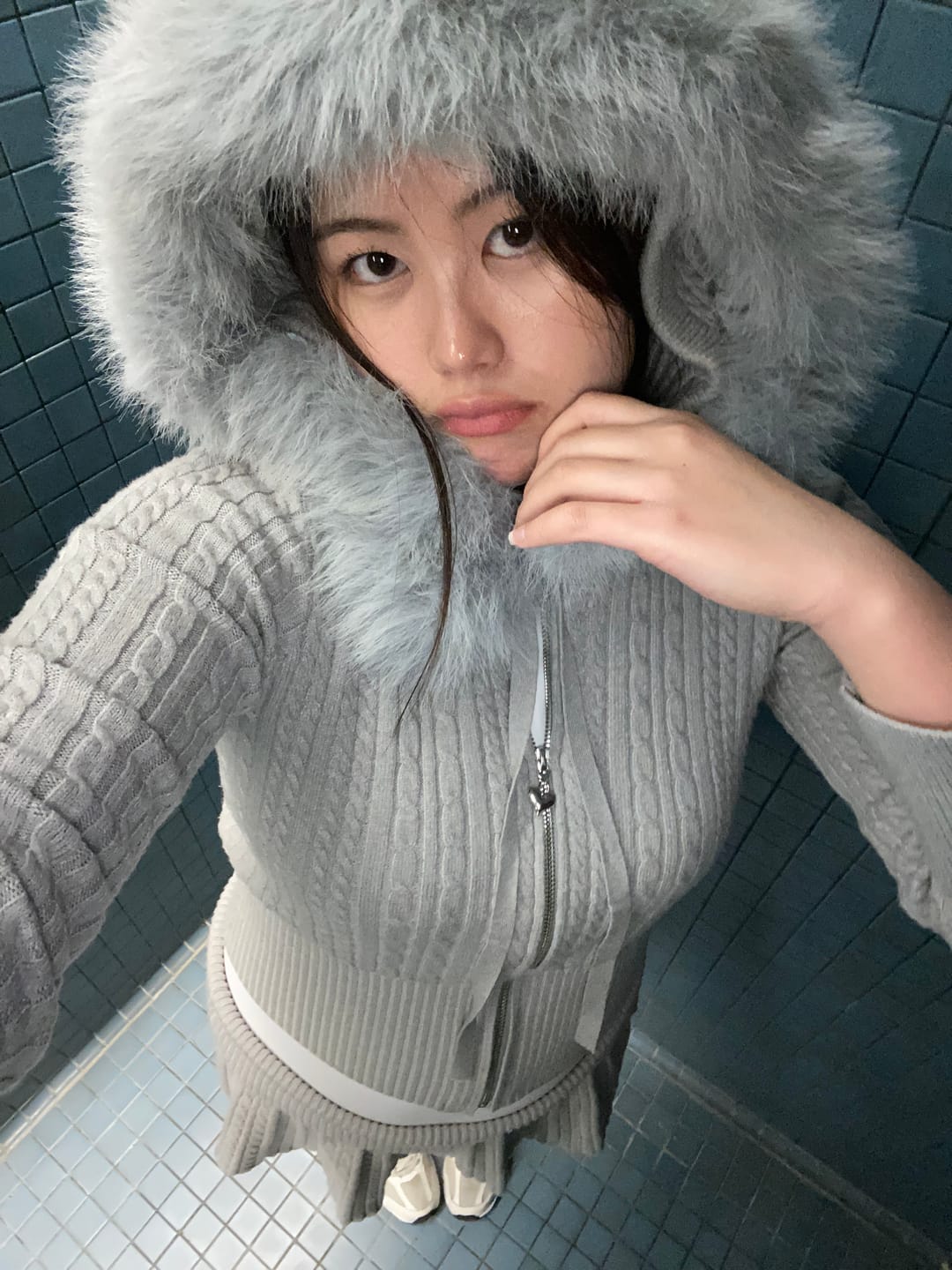 Customer photo review of Fur Trim Cozy Cloud Cable Knit Set (Grey)