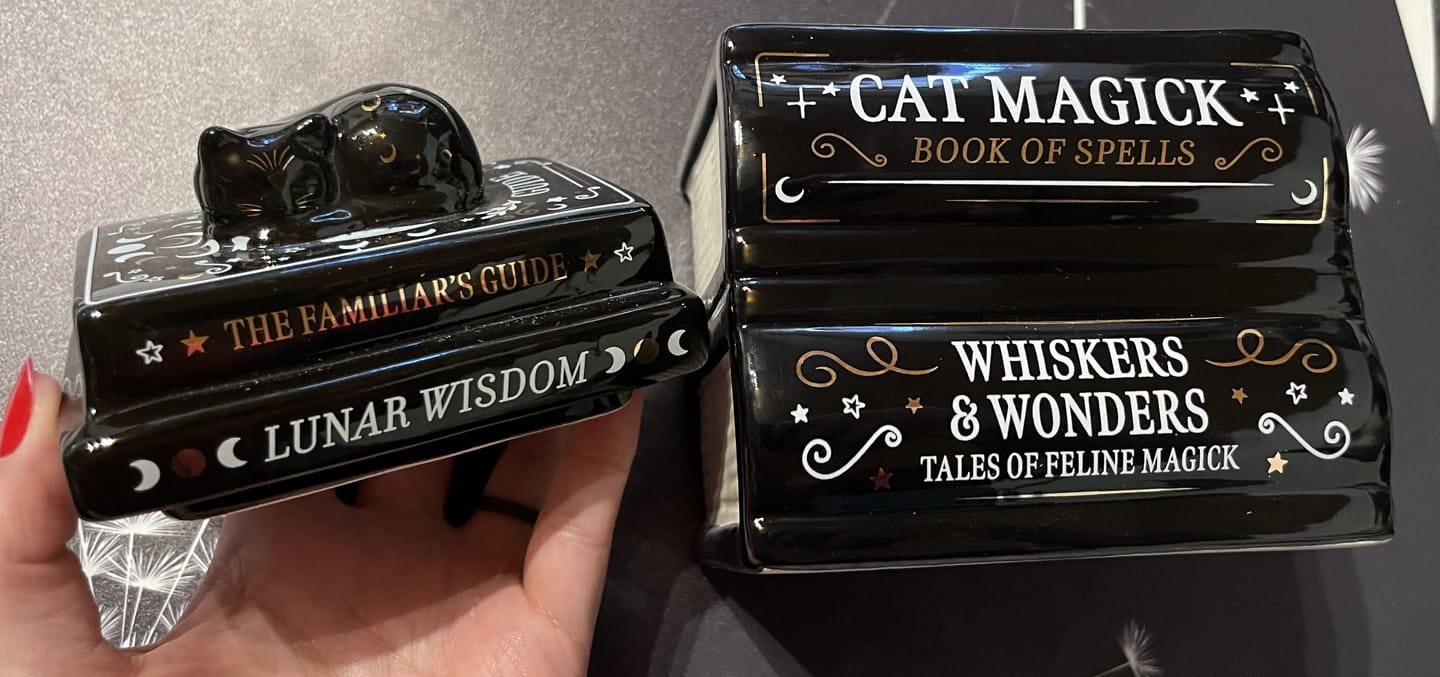 Customer photo review of Schwarze Katze Duftlampe Bücherstapel – Witchy Öl & Wax Wärmer