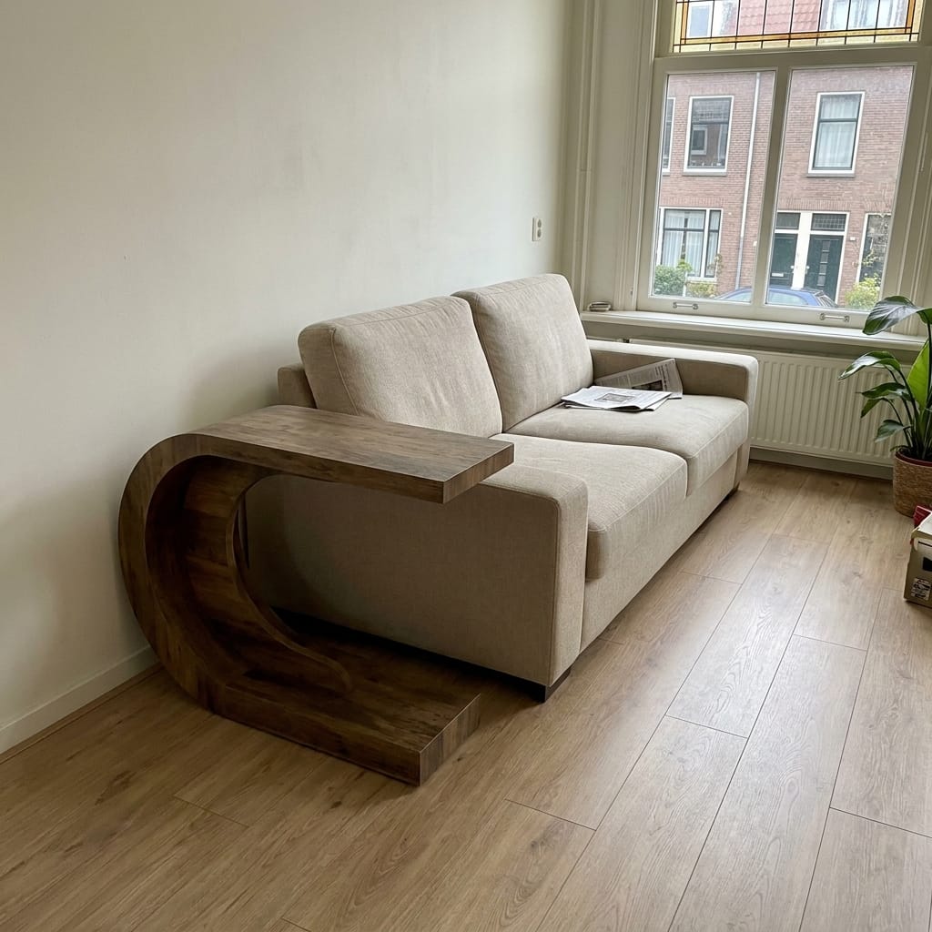 Customer photo review of Sidetable Hout Bruin – Gebogen Design Wandtafel / Haltafel 110 cm – Mid-century Consoletafel – Cordeve LUNA