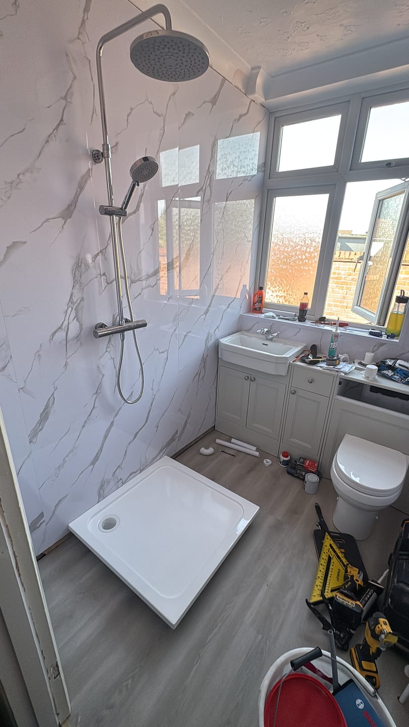 Customer photo review of Premium Carrara White Marble Gloss Shower Wall Panel - 1M x 2.4M