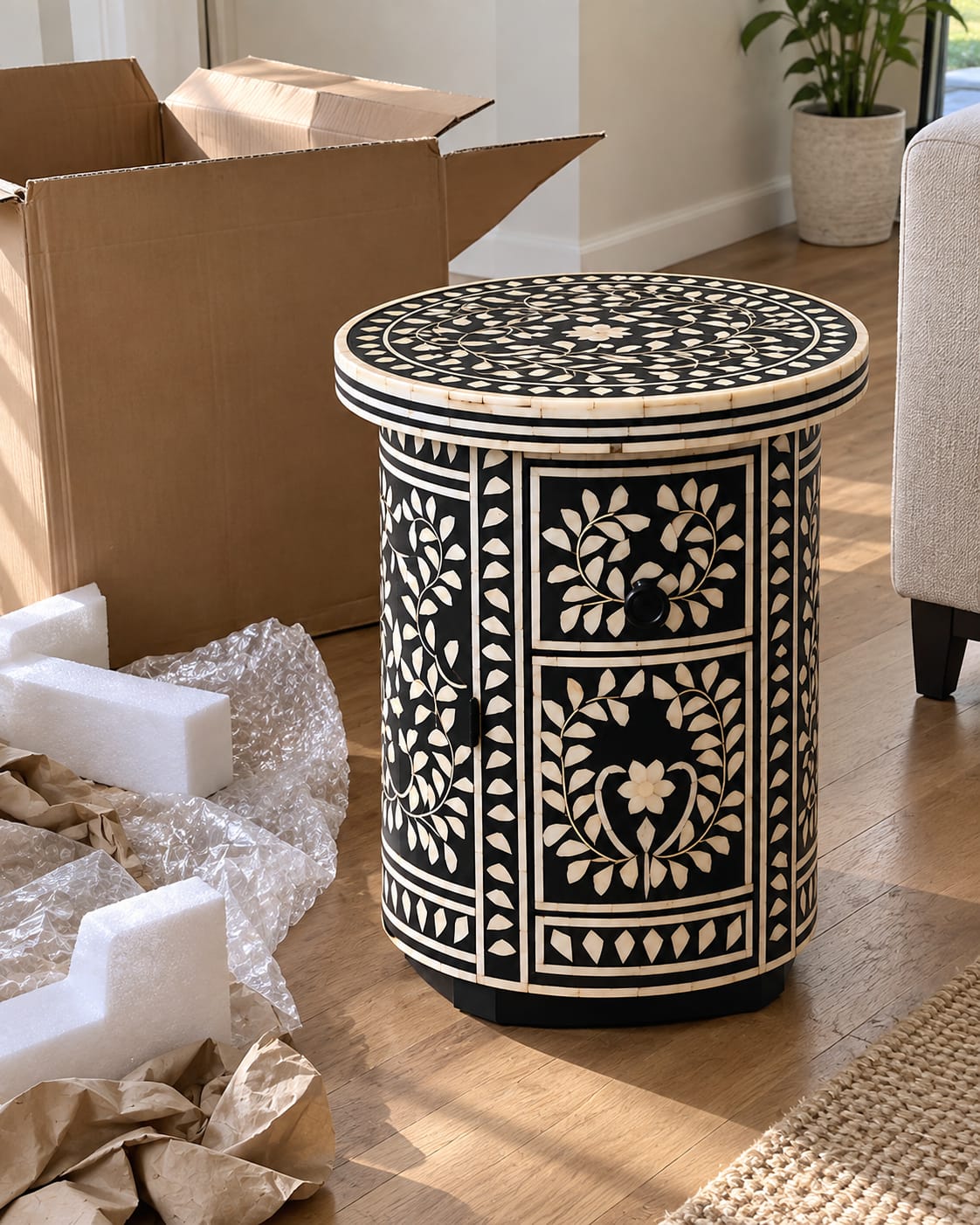 Customer photo review of Black and White Floral Bone Inlay Round Side Table