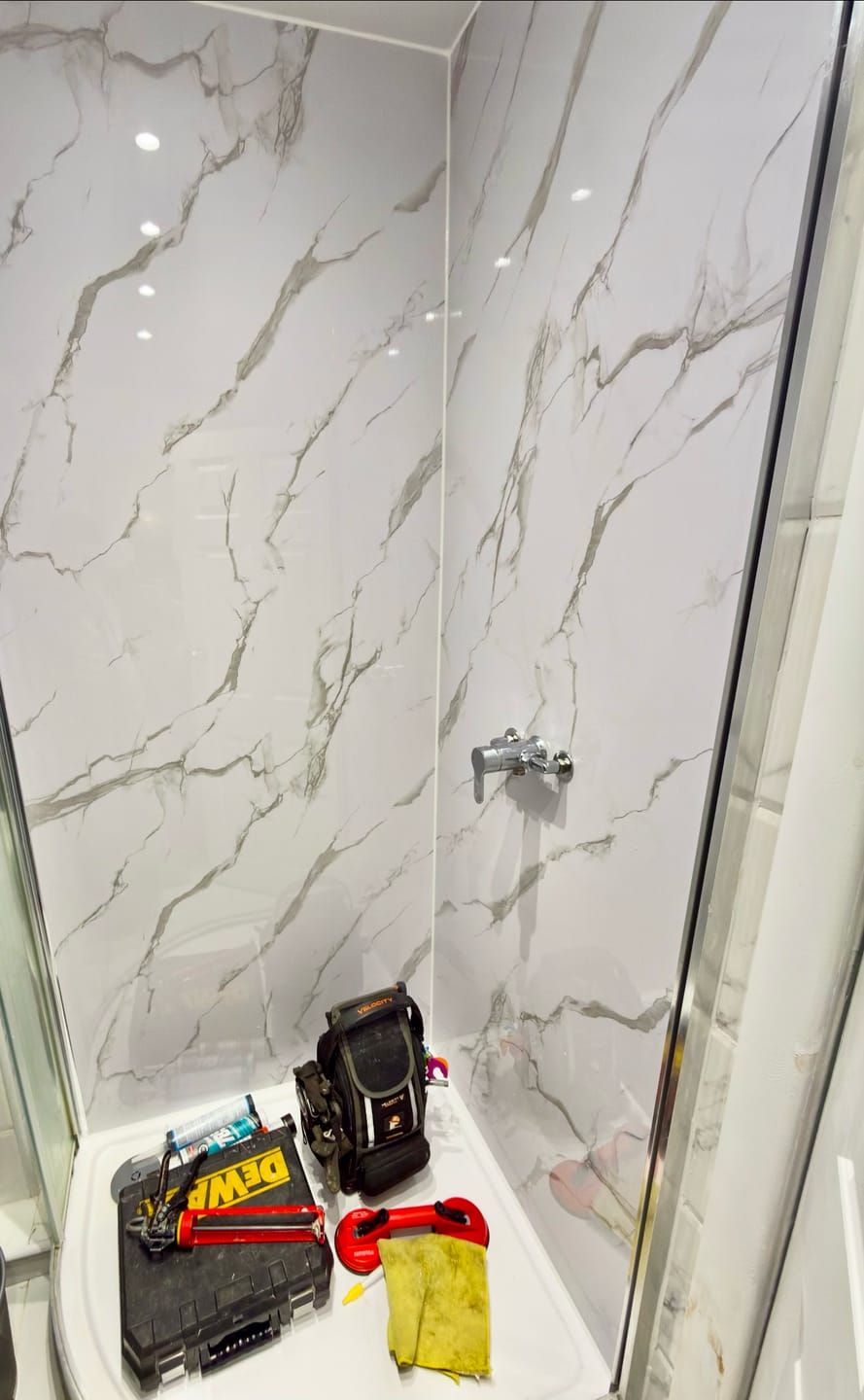 Customer photo review of Premium Carrara White Marble Gloss Shower Wall Panel - 1M x 2.4M