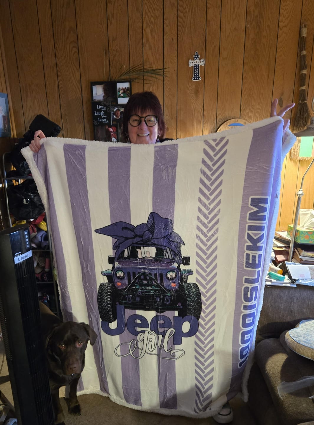 Customer photo review of Personalized Multicolor Jeep Girl Tire Tracks Sherpa Blanket
