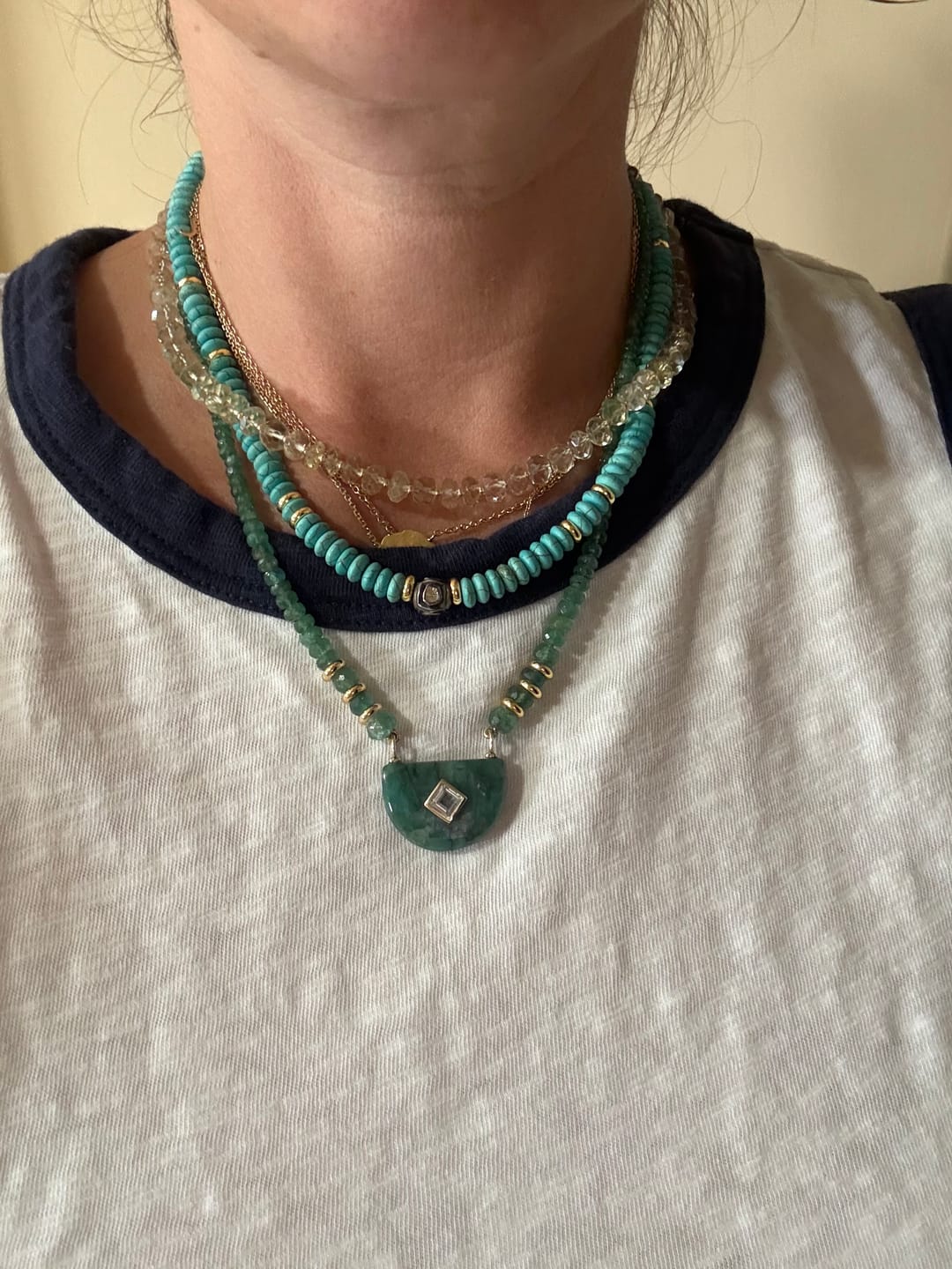 Customer photo review of Nava Zahavi Emerald Necklace with Half-Moon Emerald and Quartz Pendant
