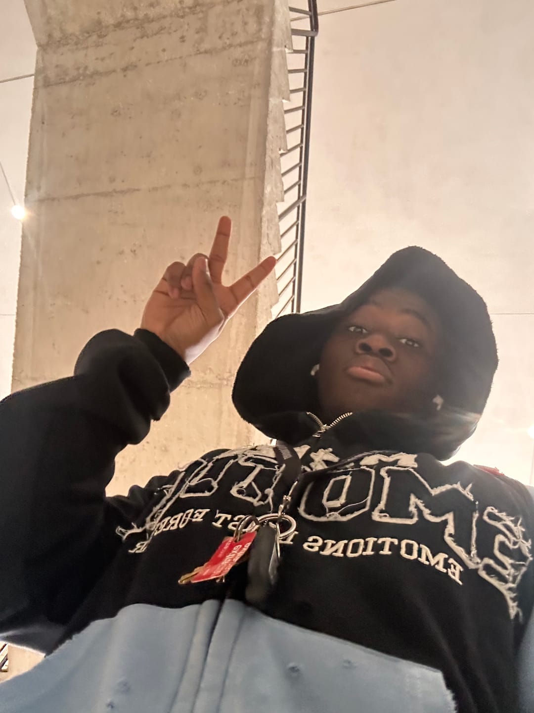 Customer photo review of Mixed Emotions Split Decision Hoodie Black/Blue
