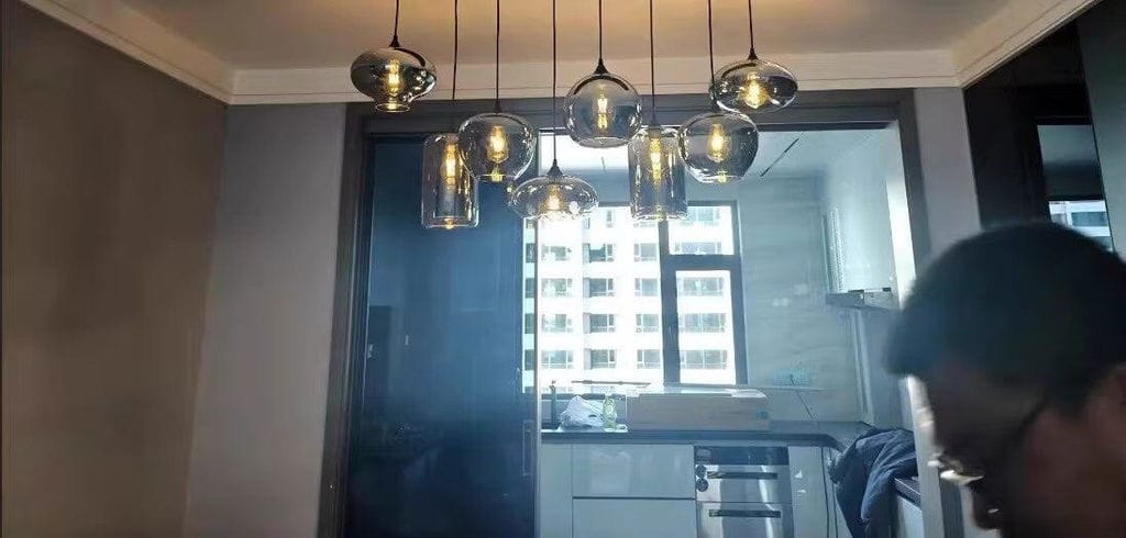 Customer photo review of Bottle Pendant Light, Hand-Blown Smoke Gray Glass, Black, E27