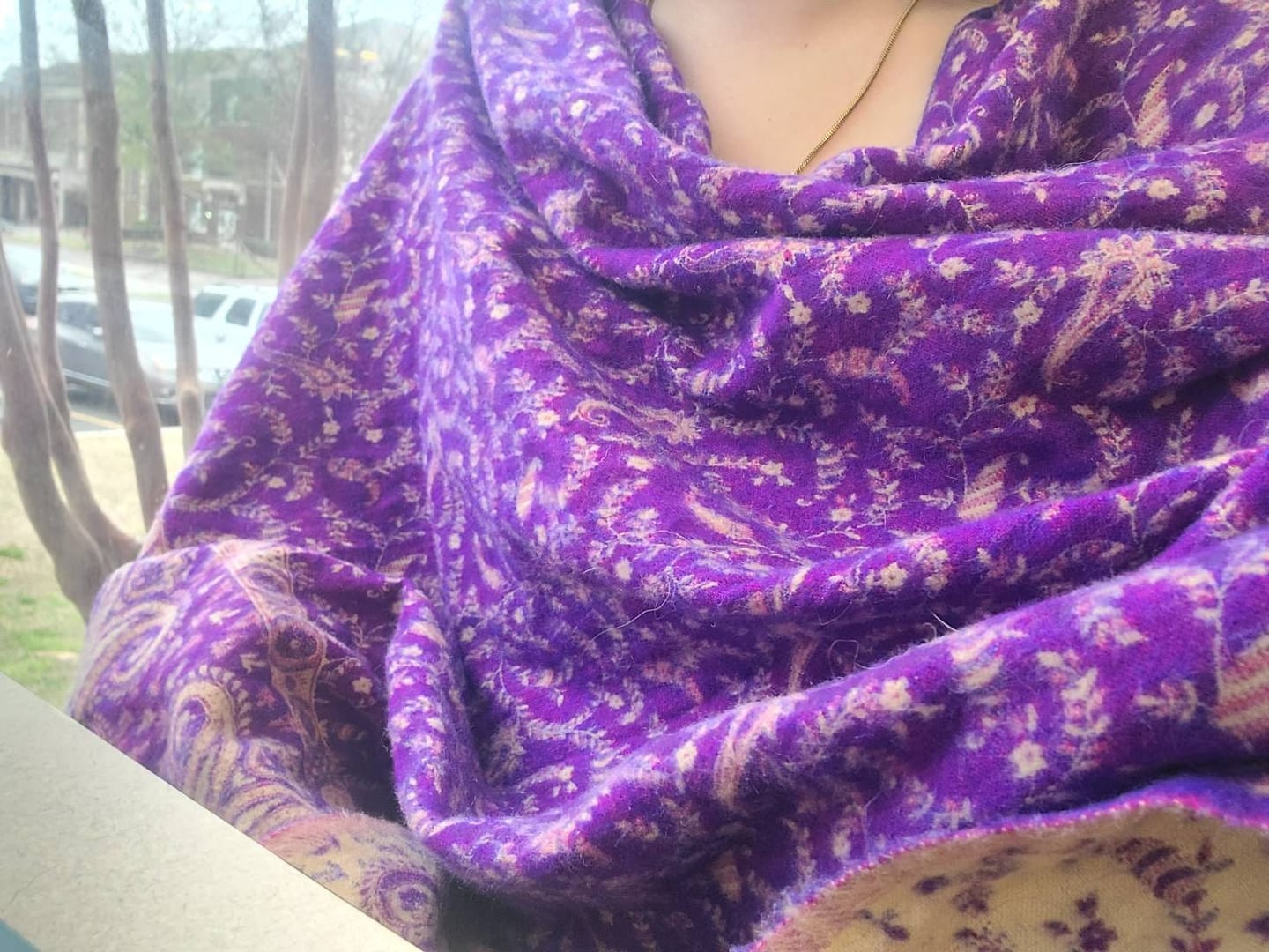 Customer photo review of Green & Blue Yak Wool Shawl Wrap – Handwoven Tibetan