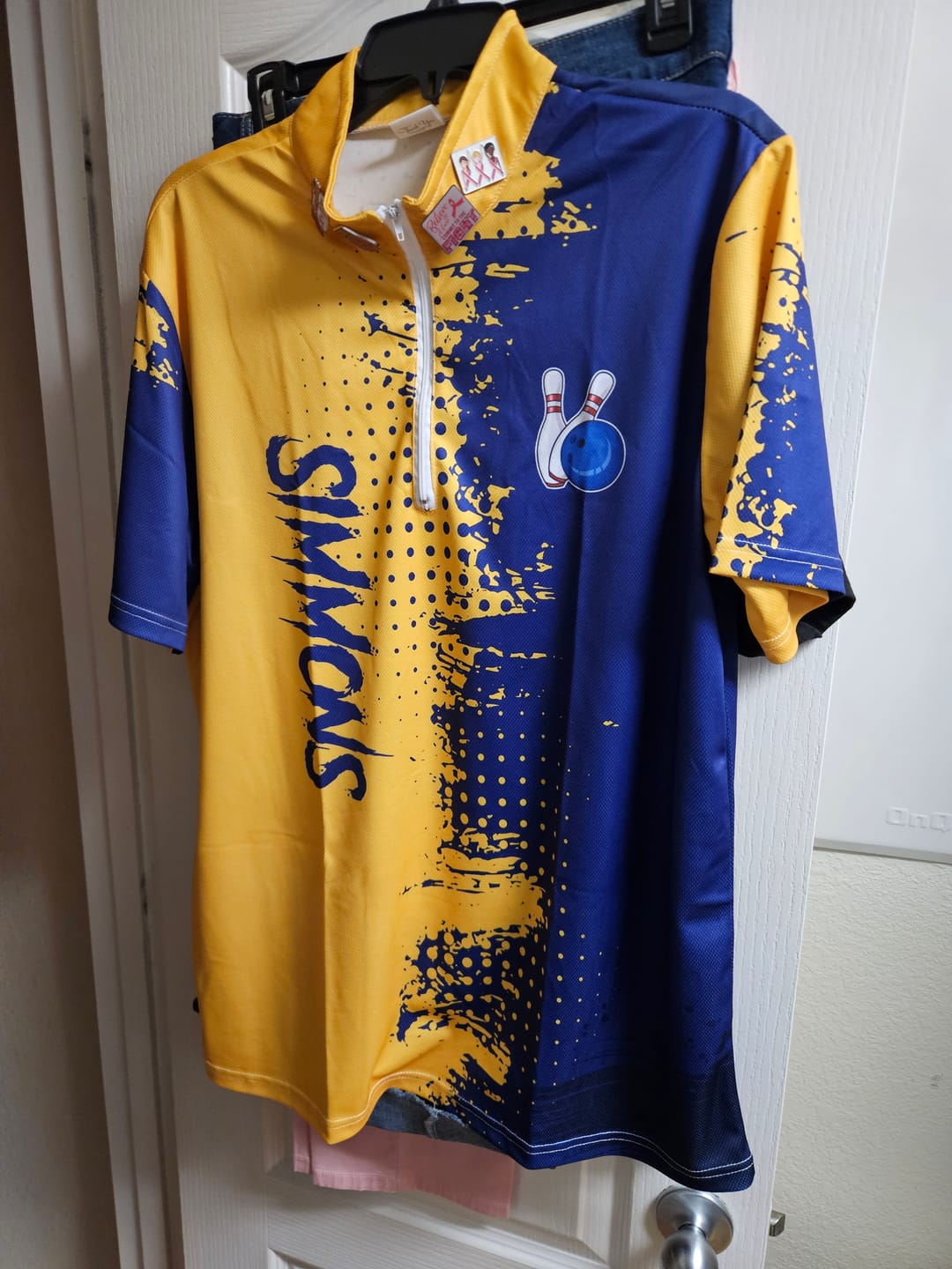 Customer photo review of Blue and Yellow Bowling Polo, Quarter Zip shirts for Men Custom Bowling Team Jerseys NQS9354