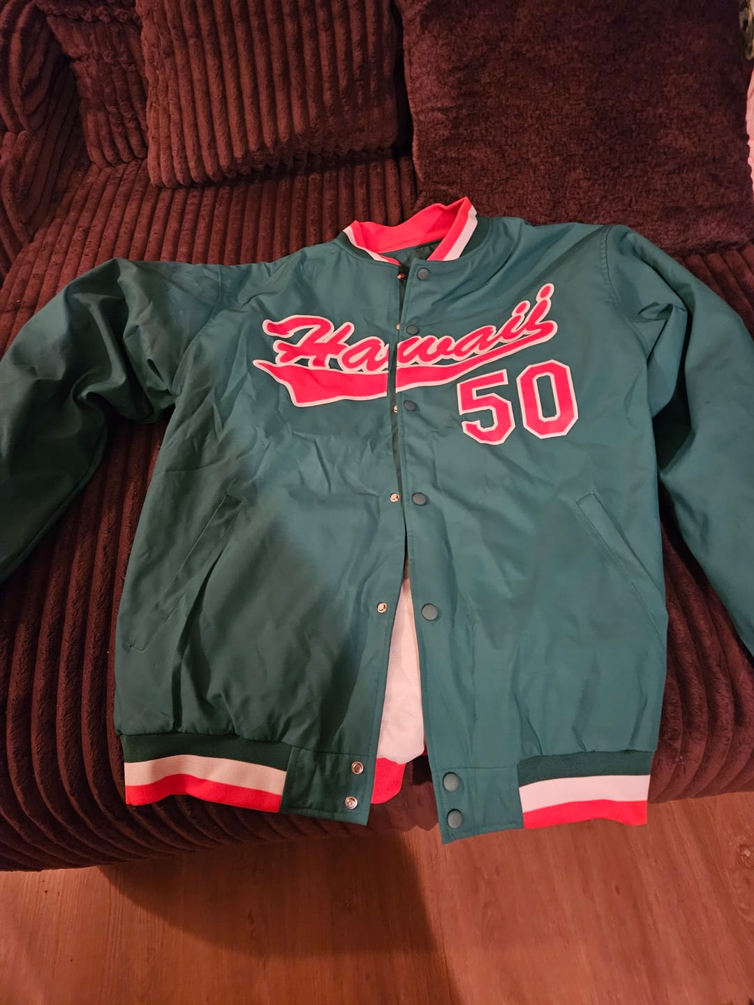 Customer photo review of Custom Kelly Green Orange Full-Snap Varsity Faux Leather Letterman Jacket