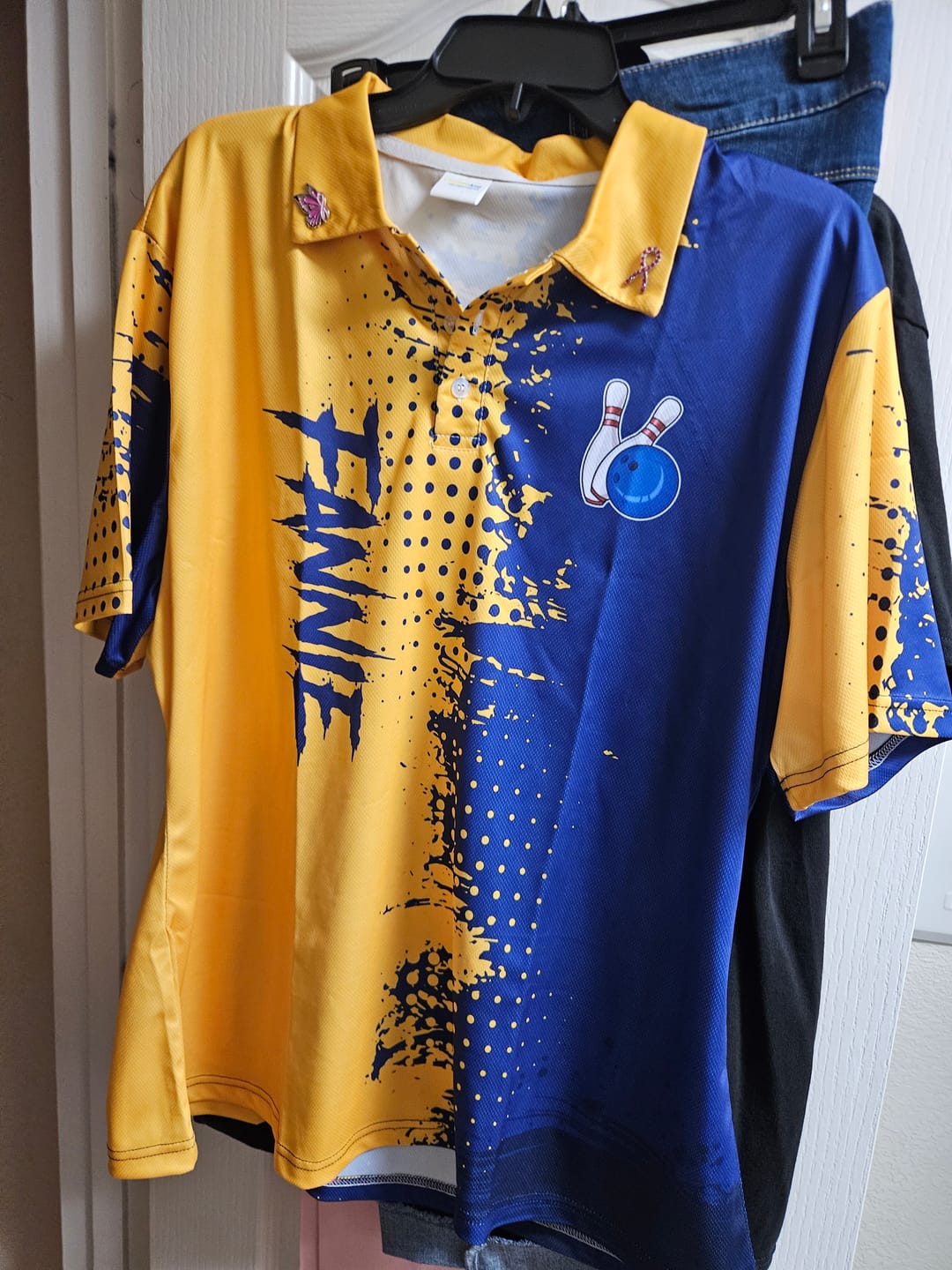 Customer photo review of Blue and Yellow Bowling Polo, Quarter Zip shirts for Men Custom Bowling Team Jerseys NQS9354