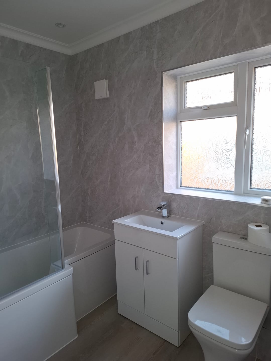 Customer photo review of Premium Light Grey Marble Matt Shower Wall Panel – 1M x 2.4M