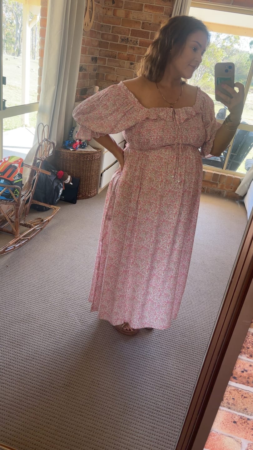 Customer photo review of Amber Maternity Baby Shower Dress in Pink Floral