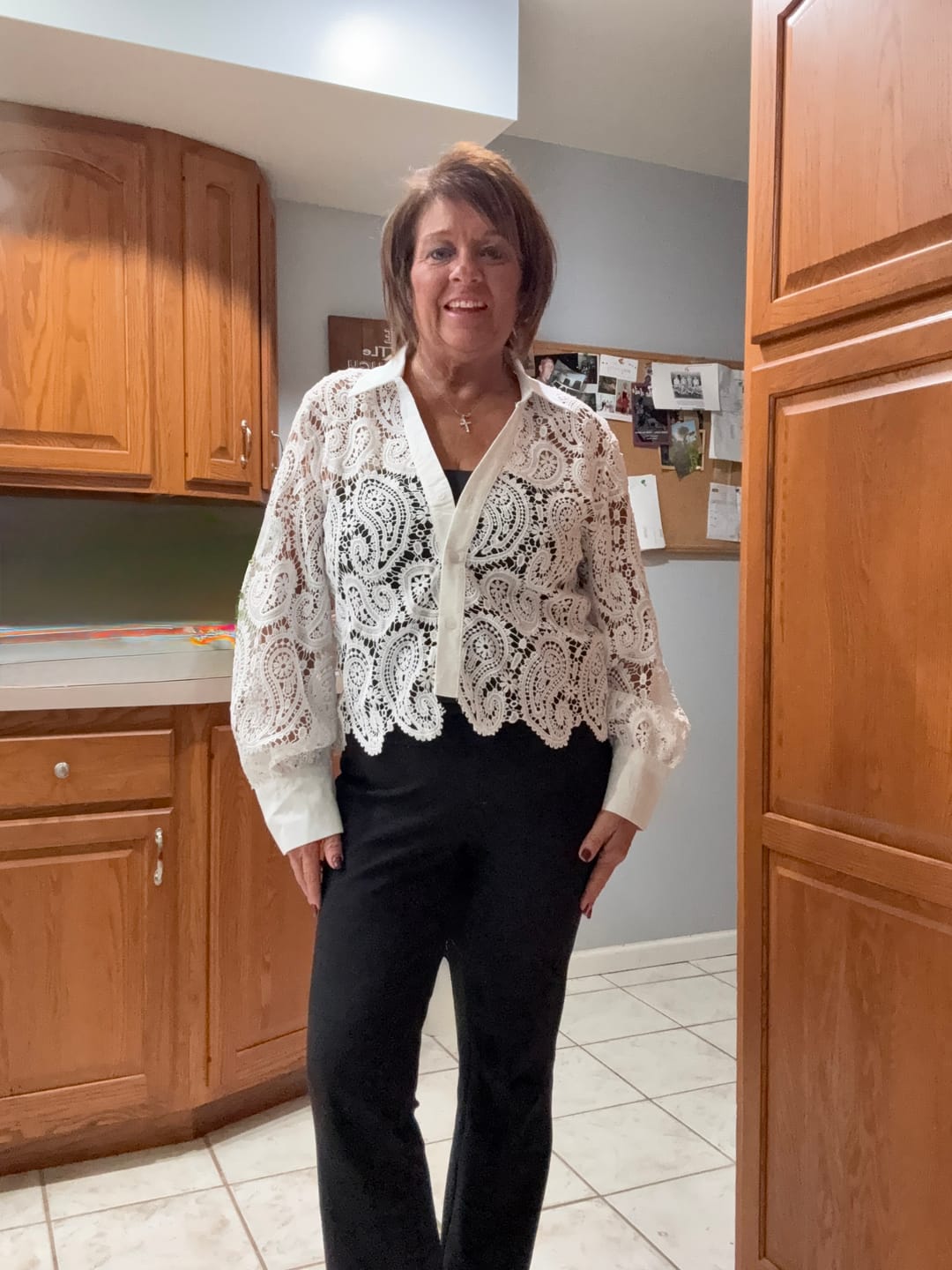 Customer photo review of White Paisley Lace Button Front Blouse With Scalloped Hem