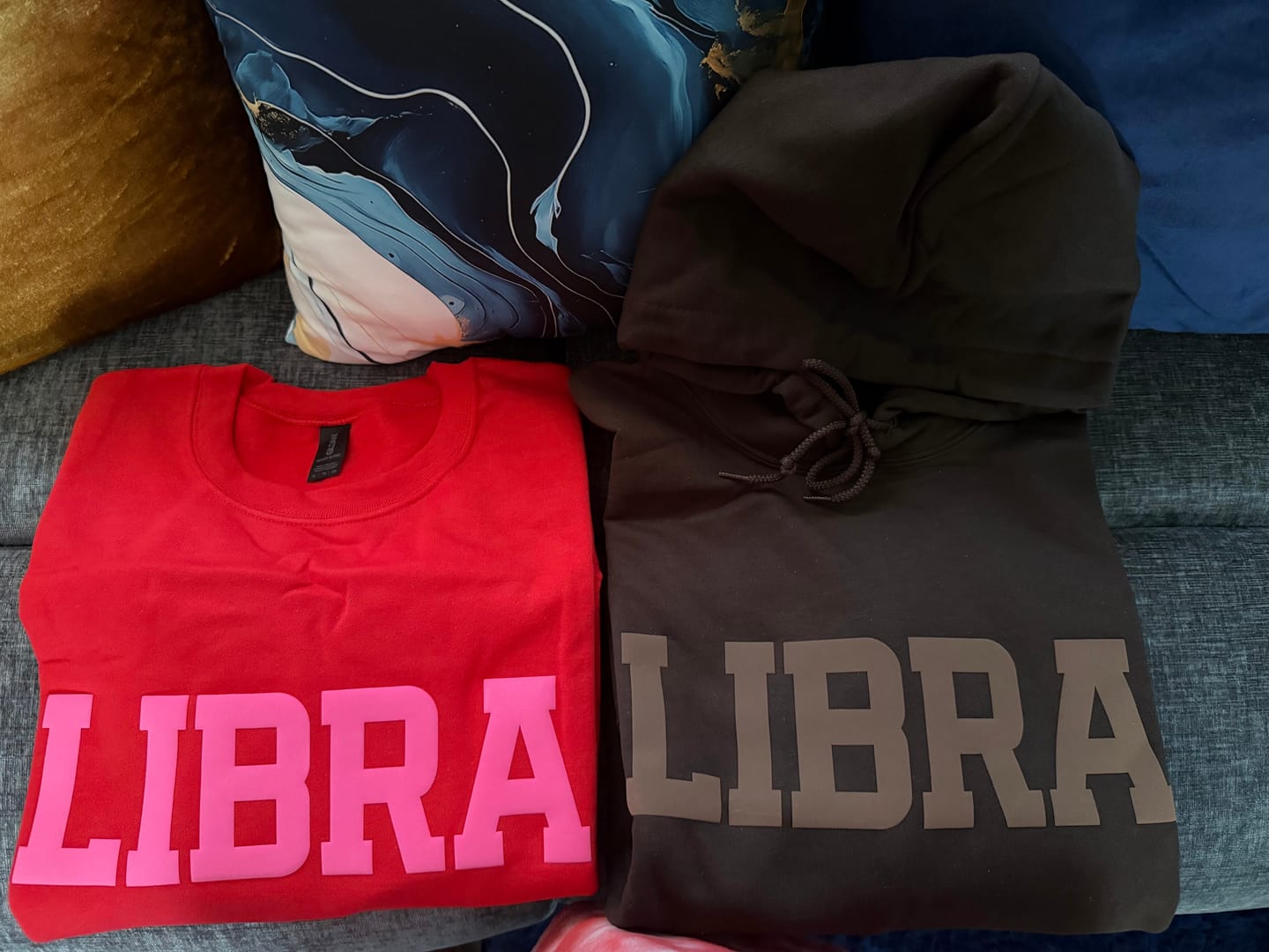 Customer photo review of Red/Pink Combo Zodiac Puff Print Crewneck