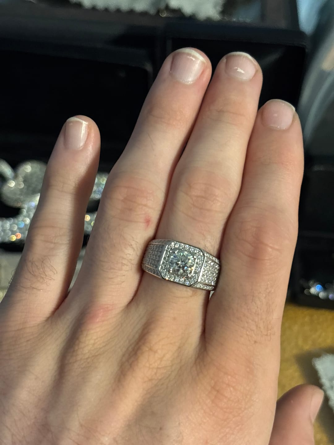Customer photo review of Fashion luxury four prong Round Moissanite Pave sterling silver wedding ring for men