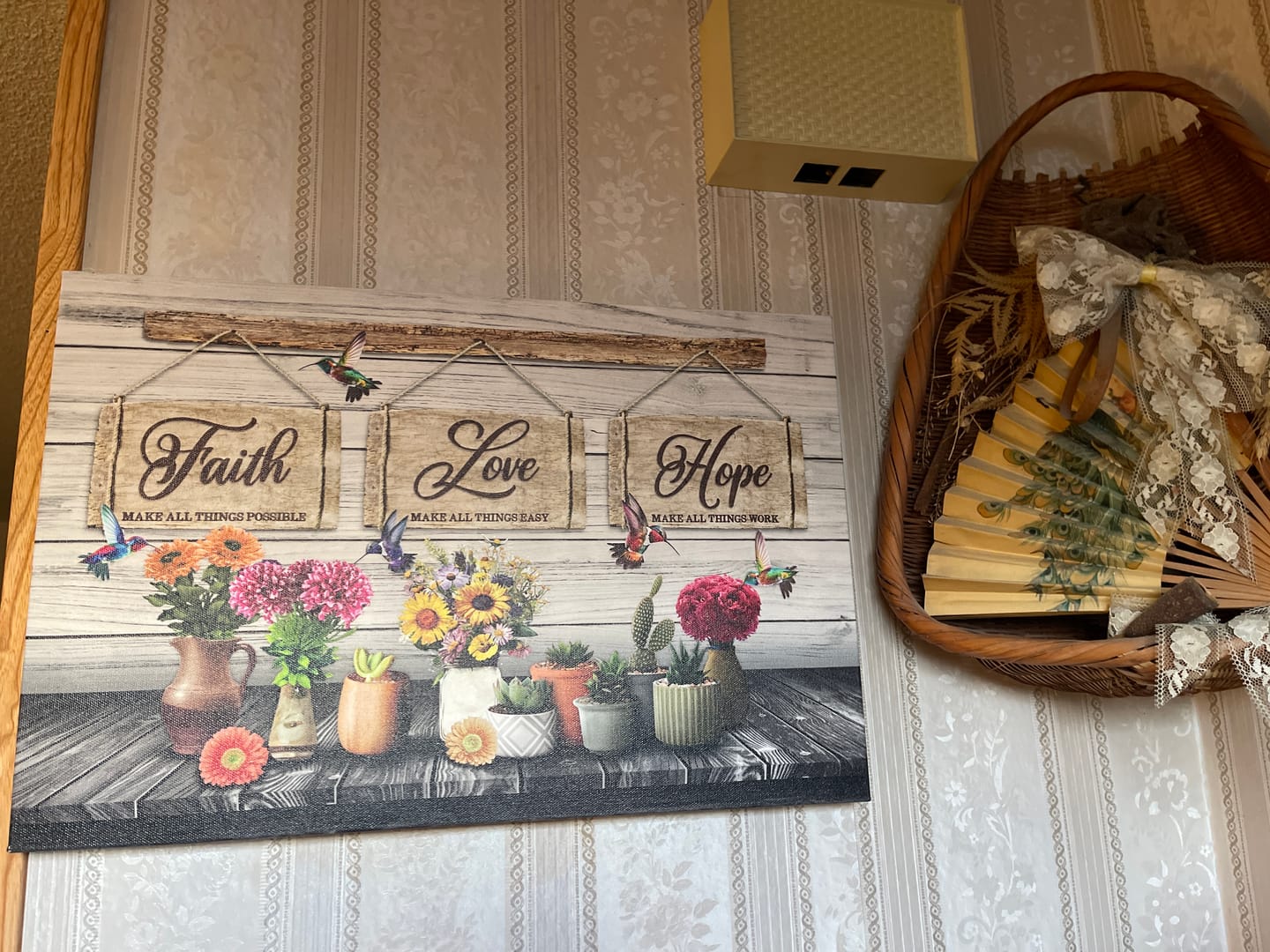 Customer photo review of Rustic Christian Wall Art Canvas - Faith, Love, Hope – Hummingbirds and Flowers