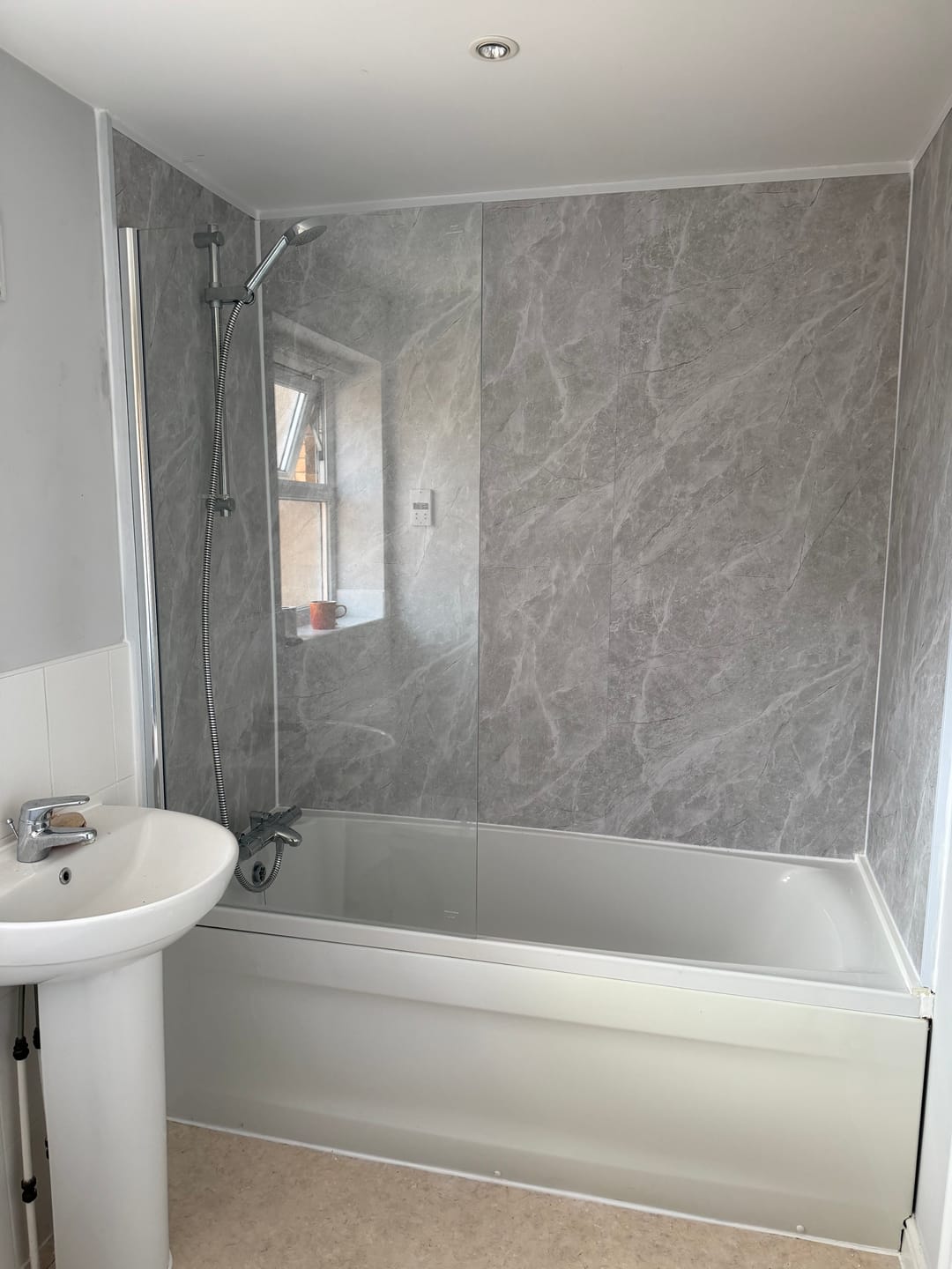 Customer photo review of Premium Light Grey Marble Matt Shower Wall Panel – 1M x 2.4M