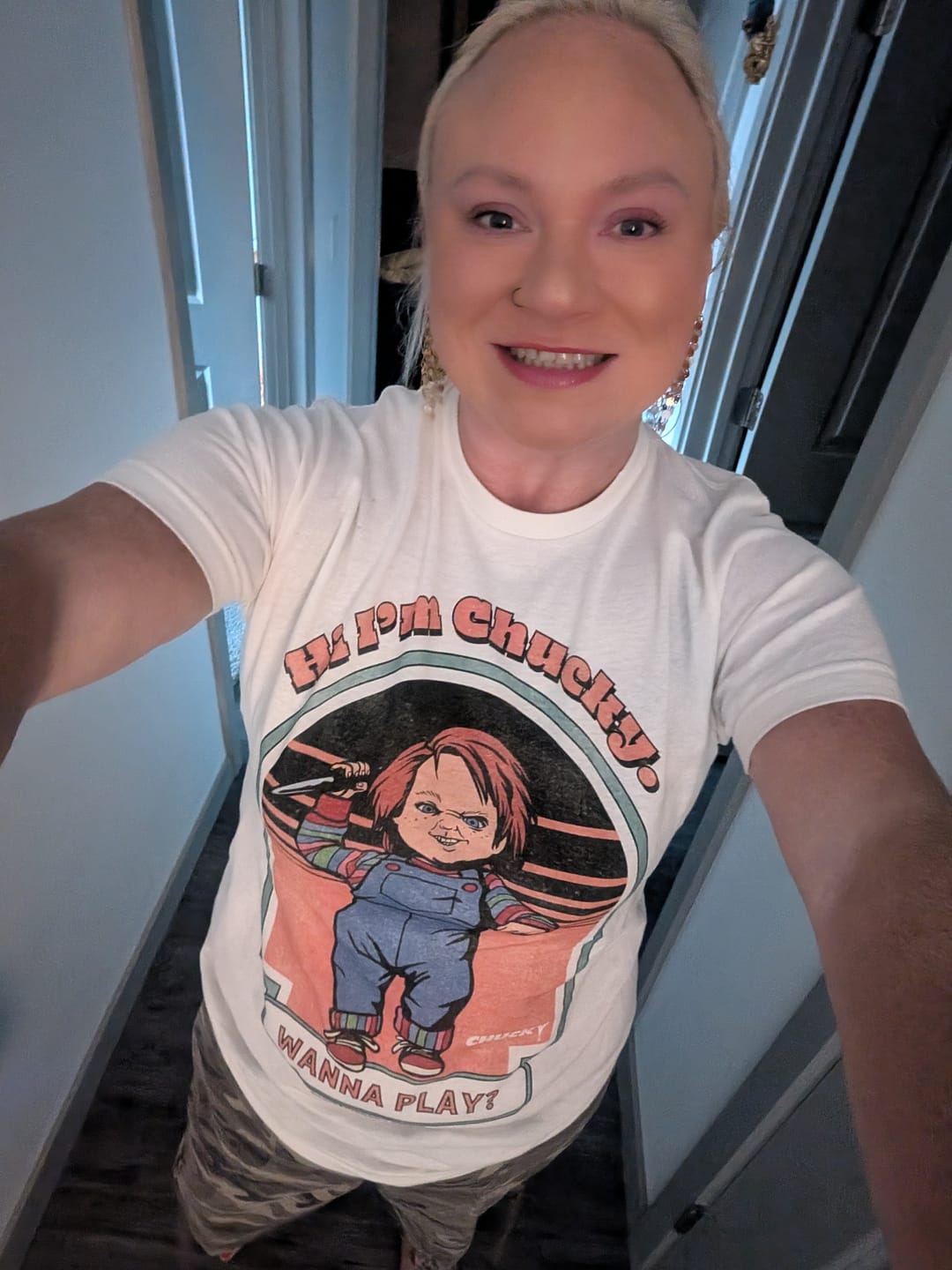Customer photo review of Licensed Chucky "Wanna Play?" Graphic Tee
