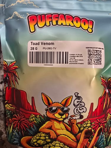 Customer's Puffaroo Toad Venom packaging with a cartoon kangaroo holding a joint on a blue and red background.