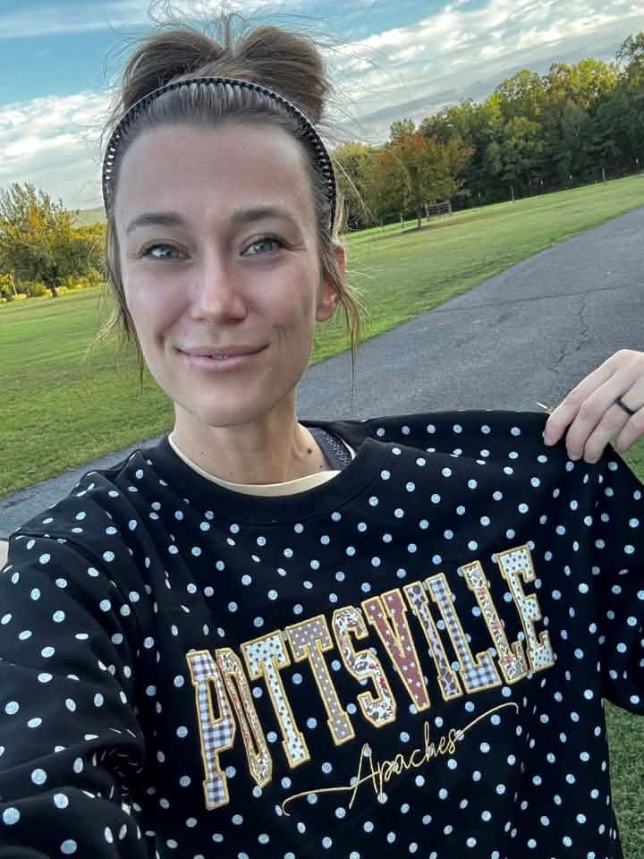 Customer photo review of Custom Patchwork Fabric Embroidered Polka Dot Sweatshirt Team and School Name Applique Varsity Letters | Game Day Wear