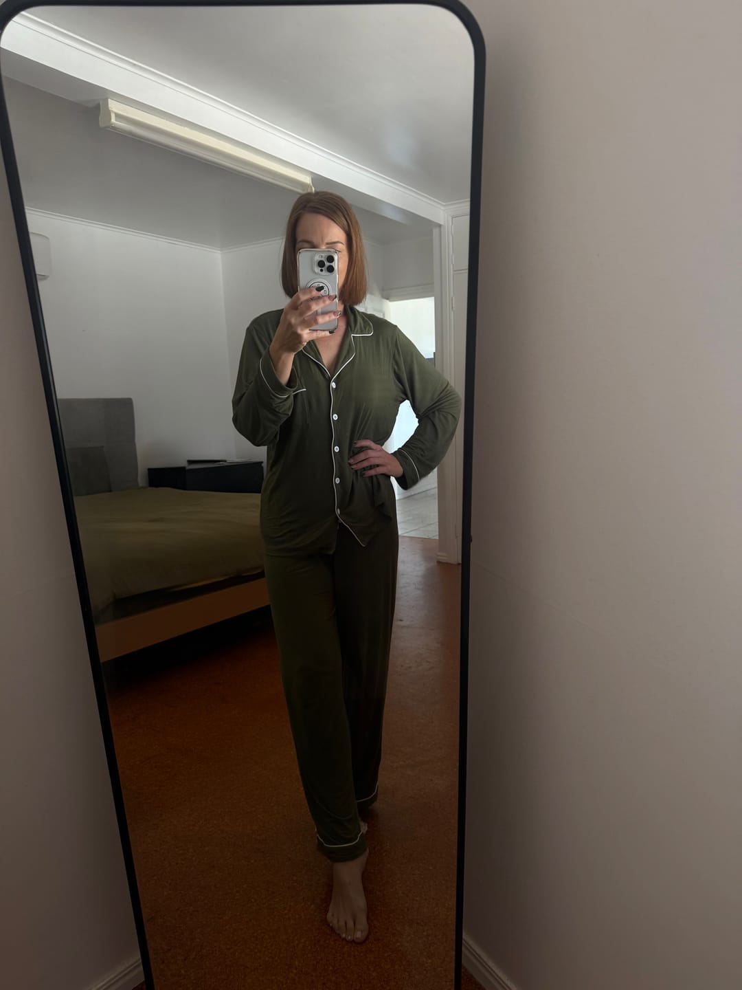 Customer photo review of Army Green Long Sleeve Buttoned Bamboo PJ Set – Olive