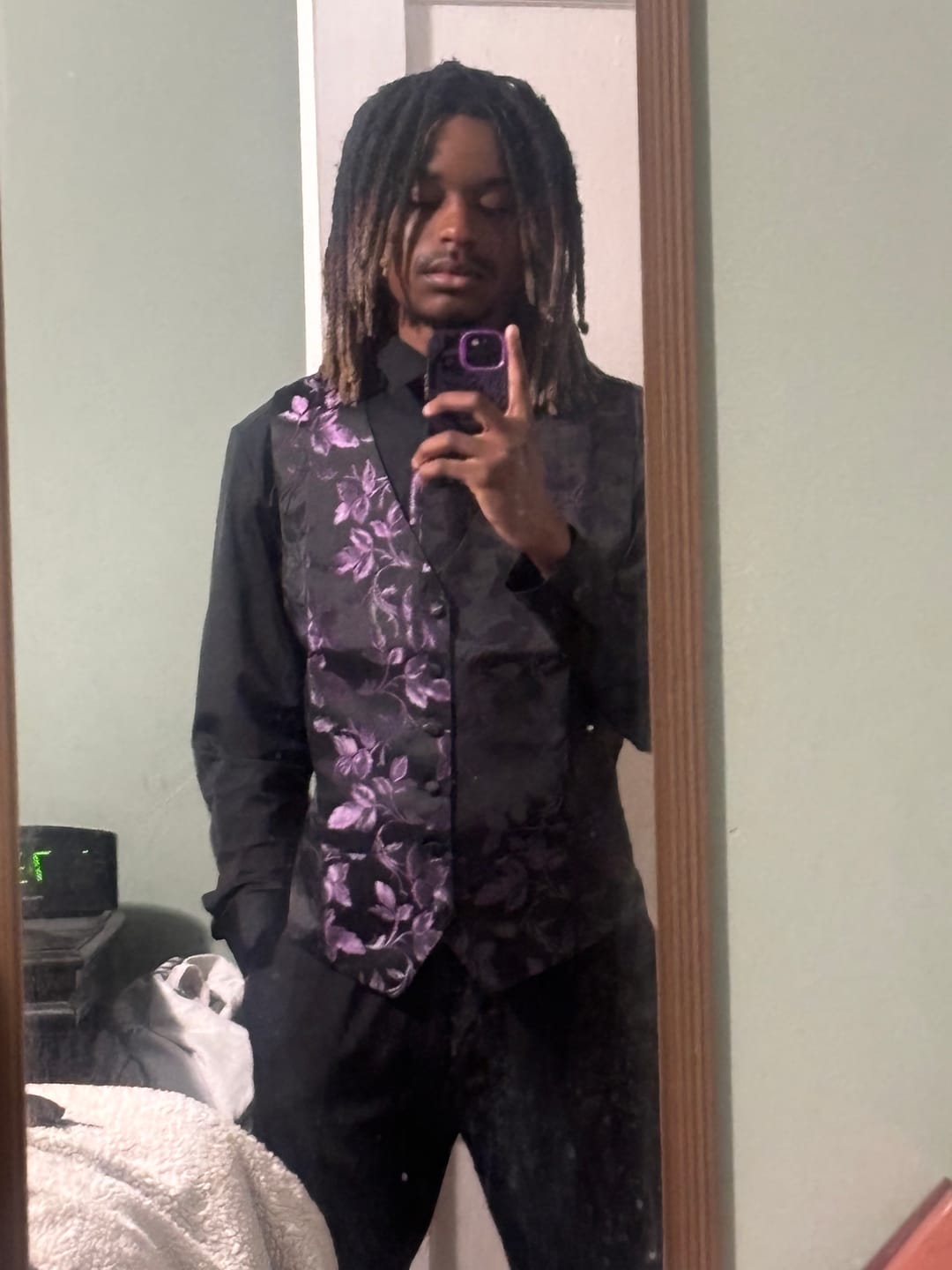 Customer photo review of Barry. Wang Purple Floral Suit Vest Black Dress Waistcoat Tie Pocket Square Cufflinks Set