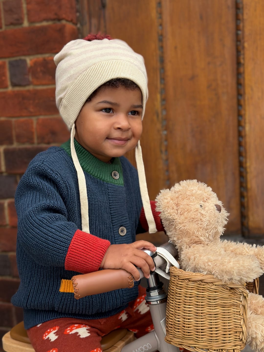 Customer photo review of Oatmeal Striped Knitted Bobble Hat