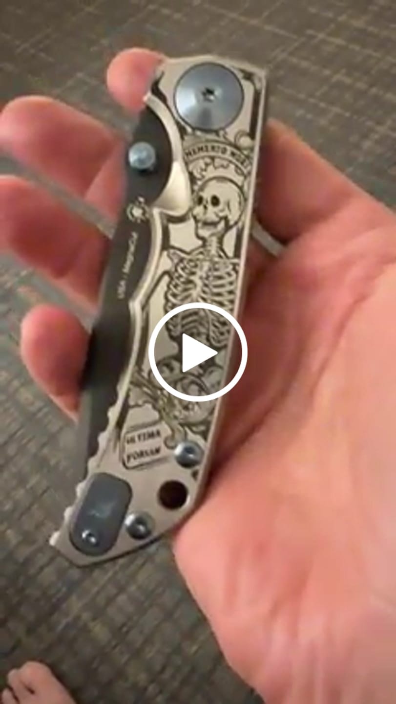 Customer video review of Spartan Blades Harsey Folder SHF - Memento Mori Special Edition, Engraved Skeleton, Black PVD MagnaCut, Blue Hardware - Made in USA (SF5MMORI)