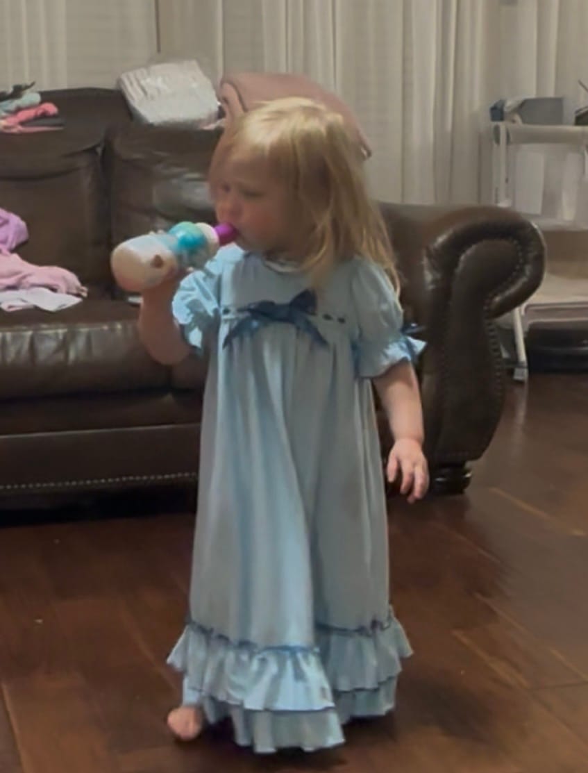 Customer photo review of The Original Clara Nutcracker Gown™ in Robins Egg Blue and Navy Trim