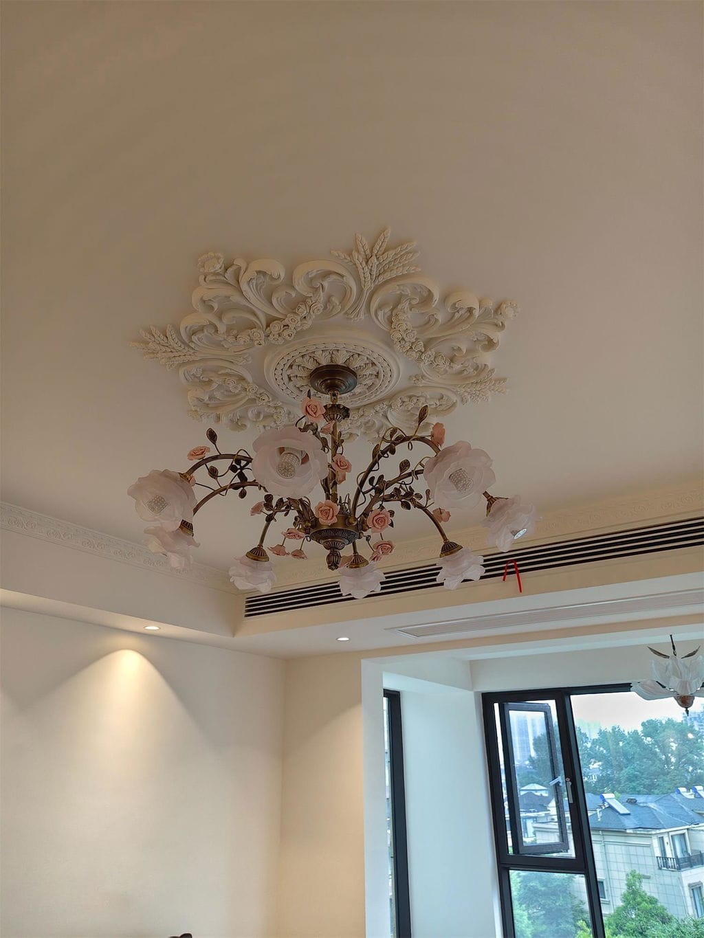 Customer photo review of Pink Glass Rose Chandelier, Antique Gold Iron Arms, Ceramic Roses