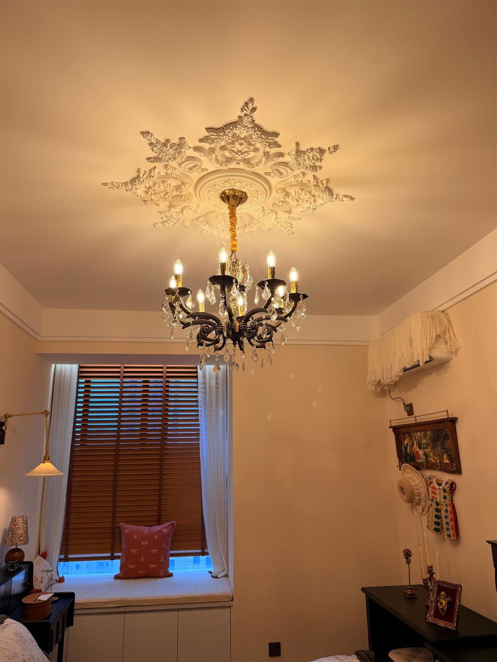 Customer photo review of Vintage Crystal Chandelier, Scrolled Bronze Arms, Clear Prisms