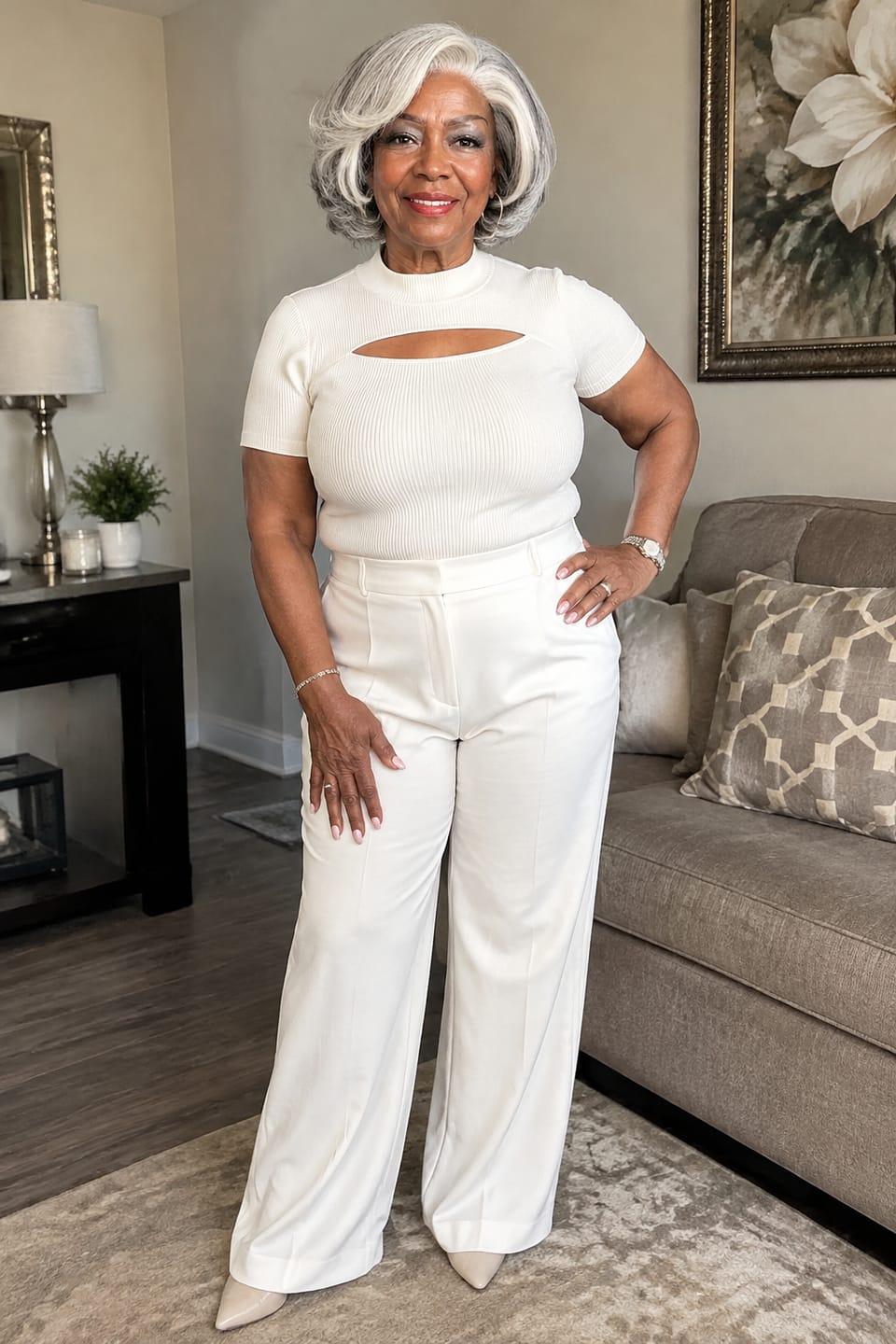 Customer photo review of Luvwin 5x5 Lace Salt And Pepper Layered Swoop Bob Glueless Gray Wig