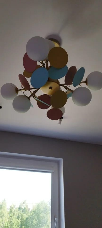 Customer photo review of Brass Chandelier with Glass Shades, Acrylic Discs, Iron Frame