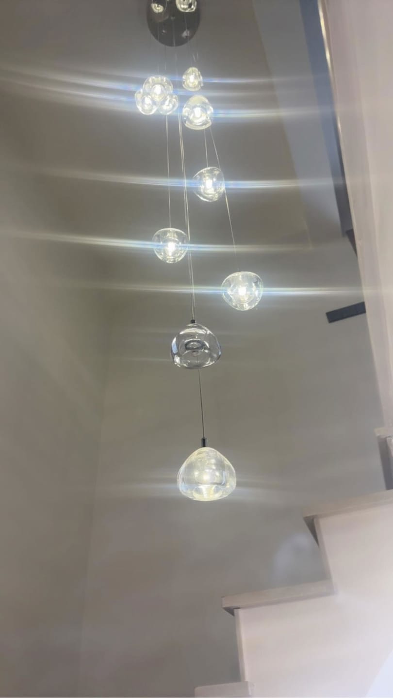 Customer photo review of Crystal Sphere Pendant Light, Clear or Amber Heads, 150 cm Drop