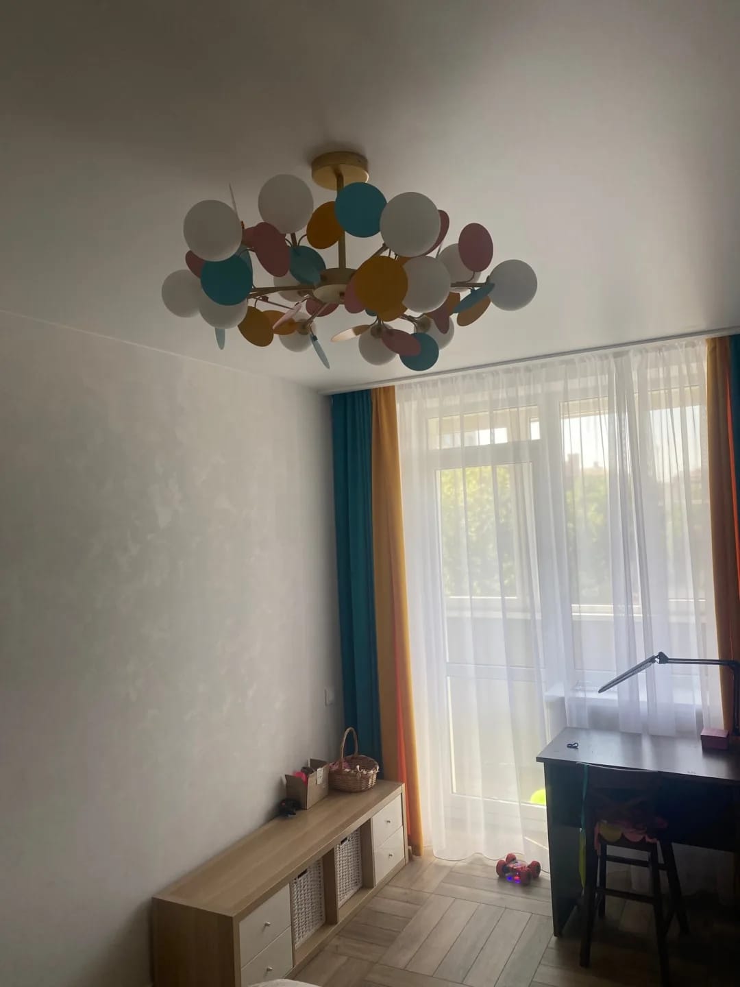 Customer photo review of Brass Chandelier with Glass Shades, Acrylic Discs, Iron Frame