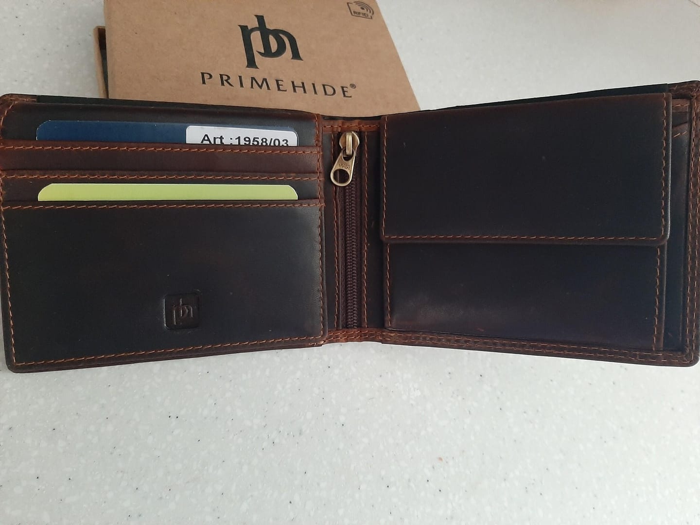 Customer photo review of Brown Leather Flip Up Wallet - Soho New York