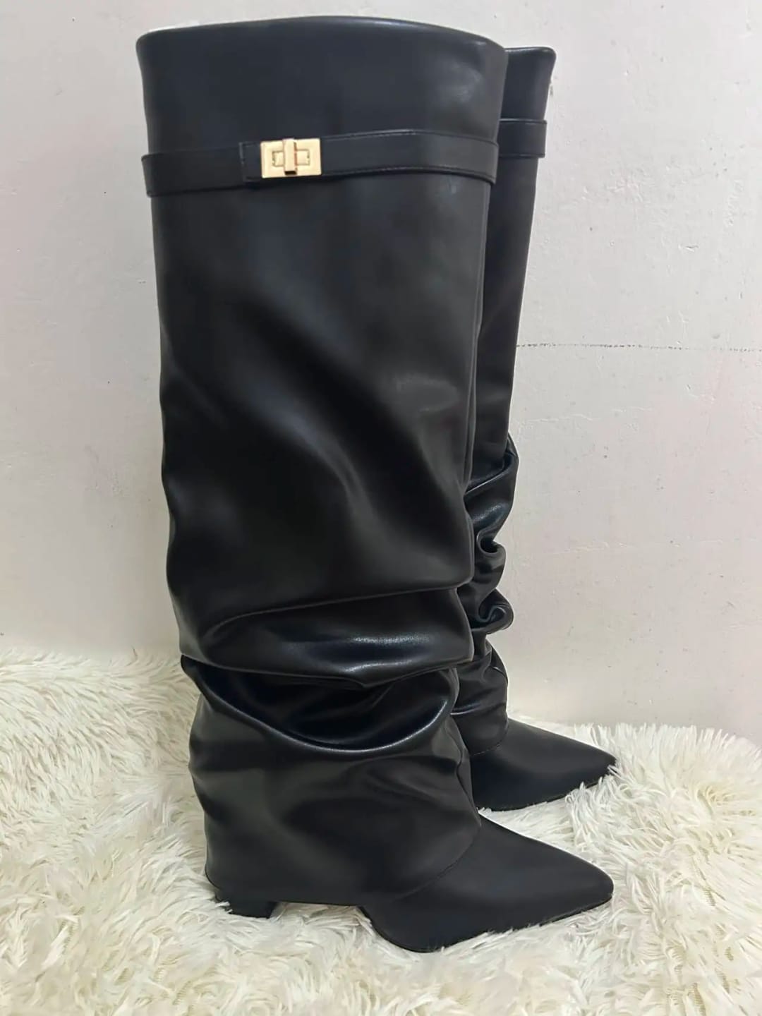 Customer photo review of Lisa Pointed Toe Block Heel Boots