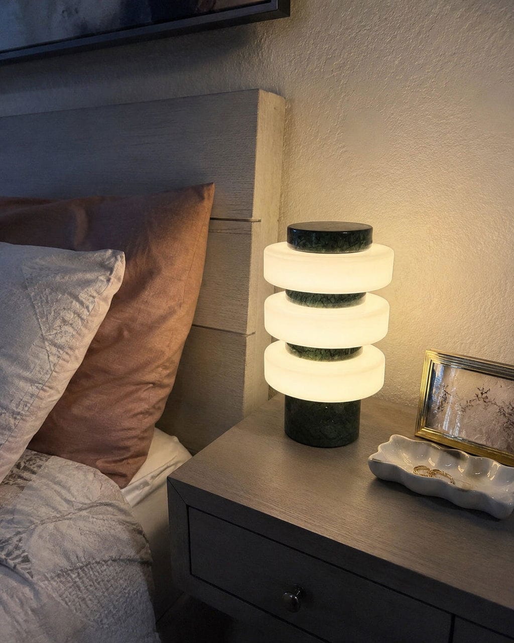Customer photo review of Marble Table Lamp, Stacked Travertine, Frosted Glass Shade