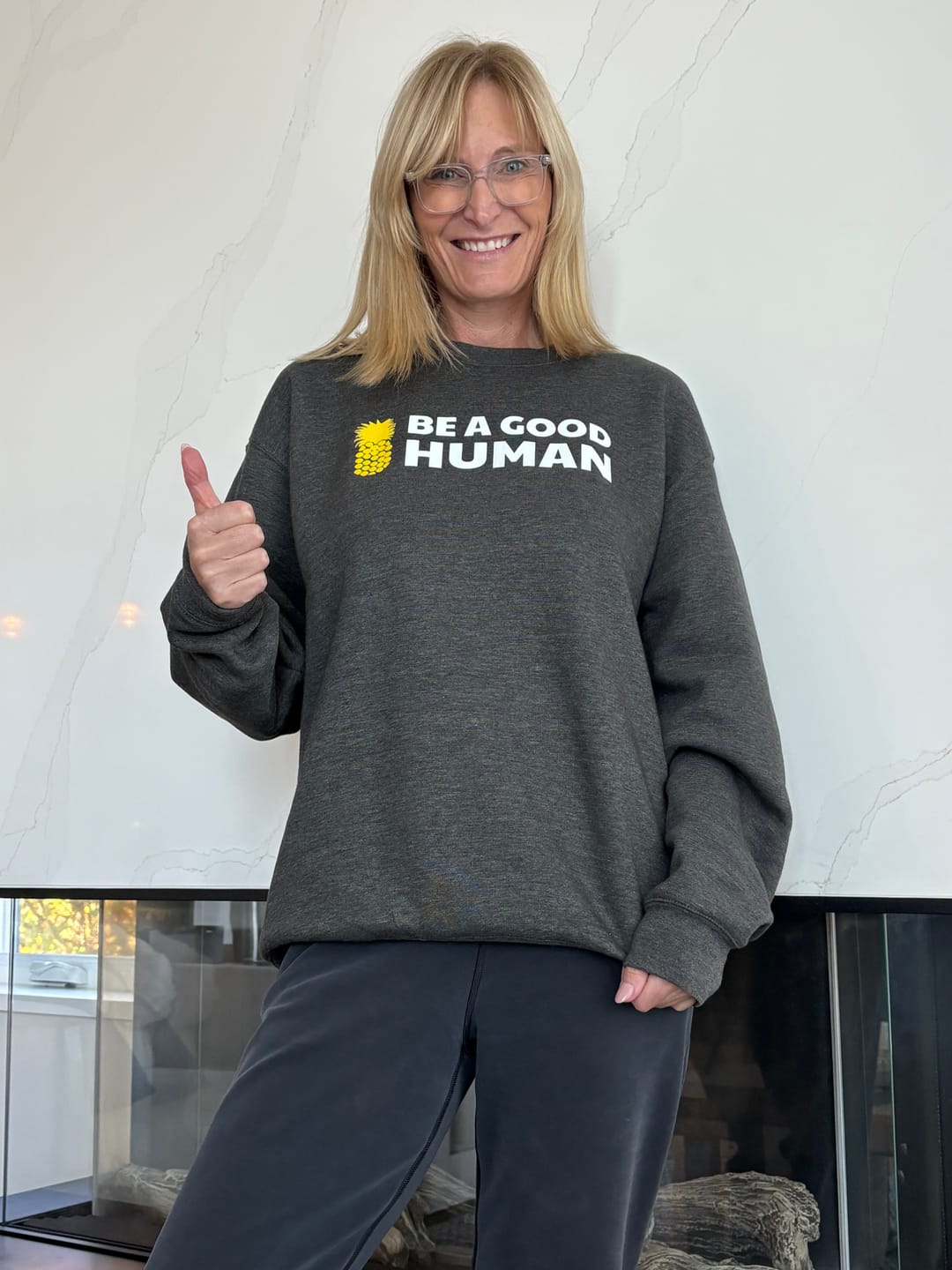Customer photo review of Be A Good Human Groovy Crewneck