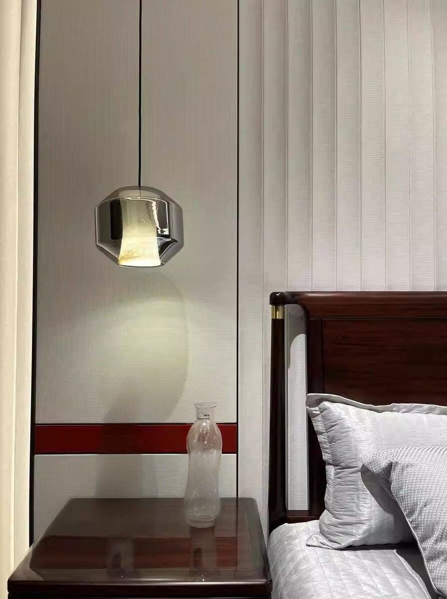 Customer photo review of Alabaster Cylinder Pendant Light, Faceted Glass Shell, Hand-Carved