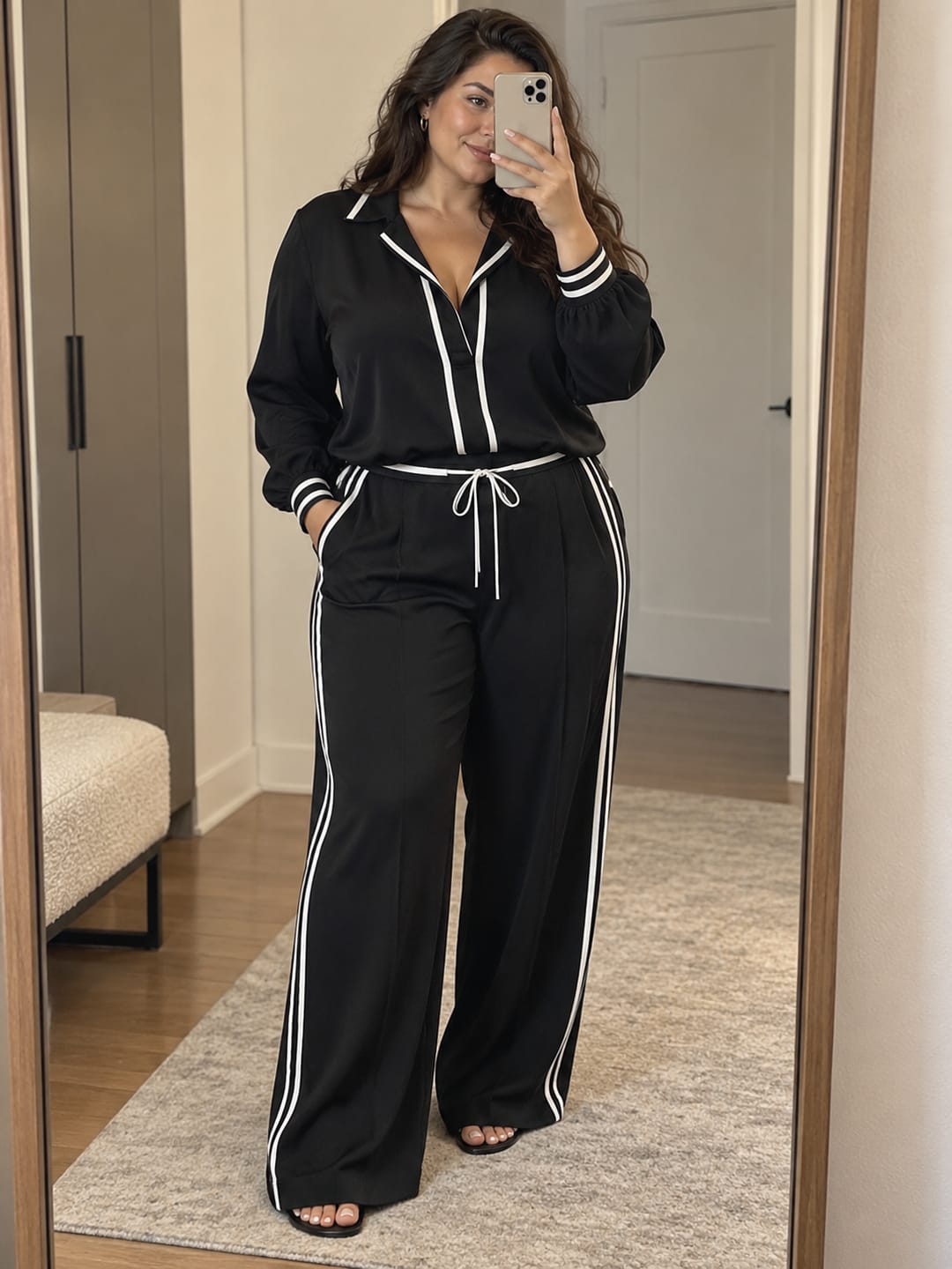 Customer photo review of Striped Pockets Drawstring Contrast Color Wide Leg Loose Trousers Pants