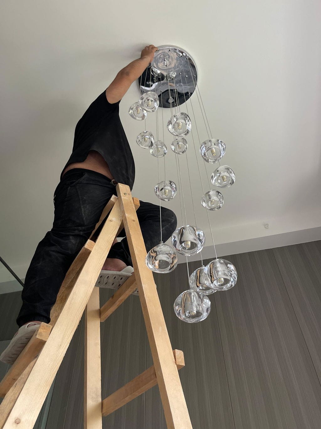 Customer photo review of Crystal Sphere Pendant Light, Clear or Amber Heads, 150 cm Drop