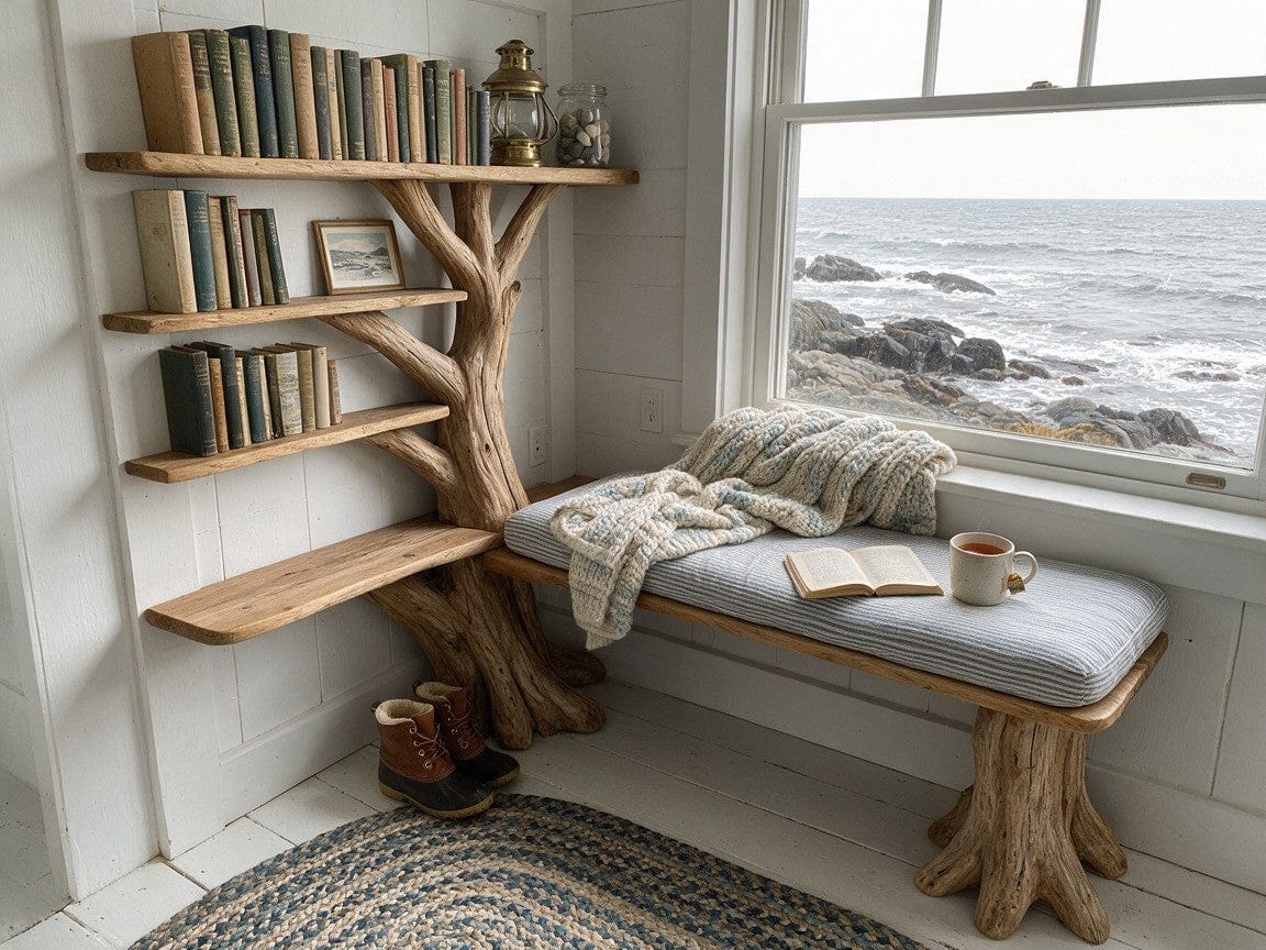 Customer photo review of Rustic Corner Tree Bookshelf With Built In Window Bench For Living Room