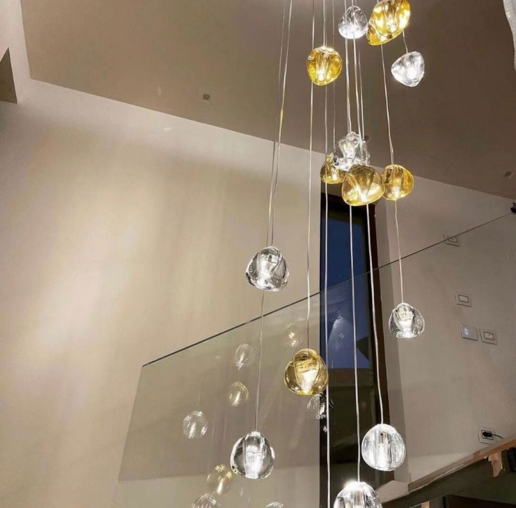 Customer photo review of Crystal Sphere Pendant Light, Clear or Amber Heads, 150 cm Drop