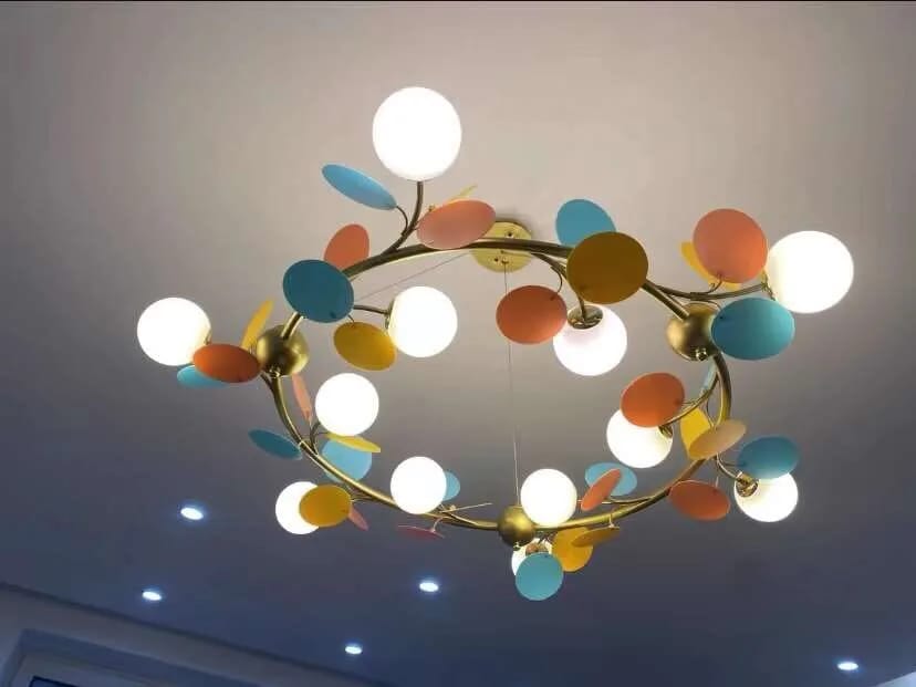 Customer photo review of Brass Chandelier with Glass Shades, Acrylic Discs, Iron Frame