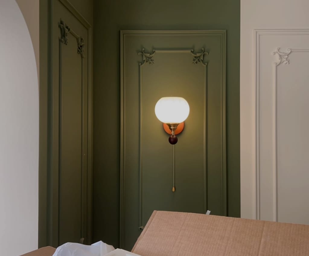 Customer photo review of Frosted Glass Wall Light, Wood Base Wall Sconce, Hardwired