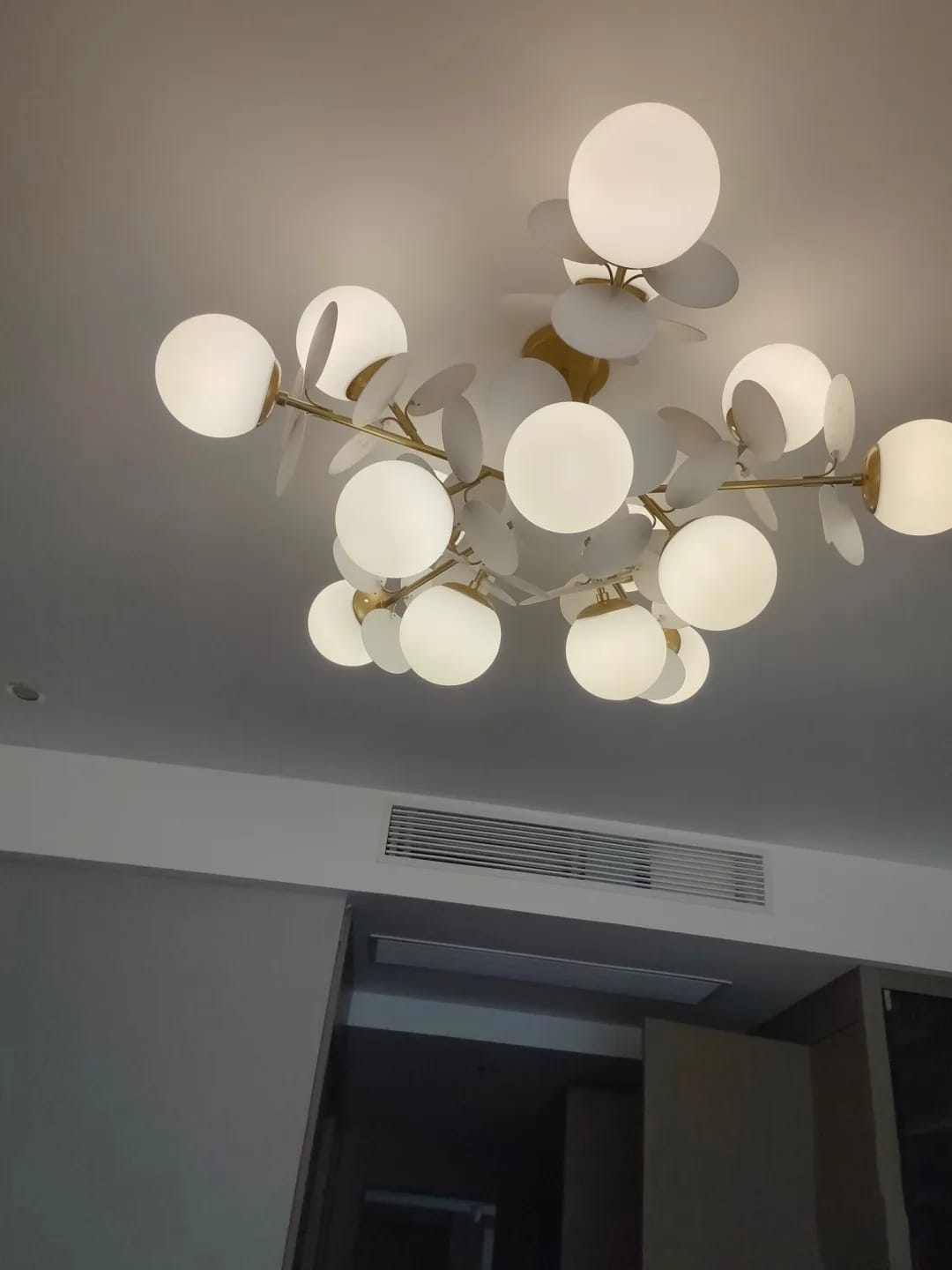 Customer photo review of Brass Chandelier with Glass Shades, Acrylic Discs, Iron Frame