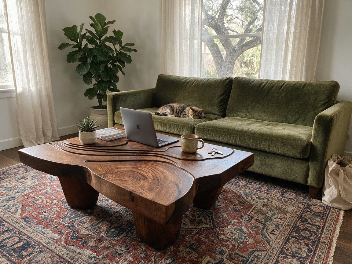 Customer photo review of Wabi Sabi Carved Coffee Table With Chunky Block Legs For Living Room