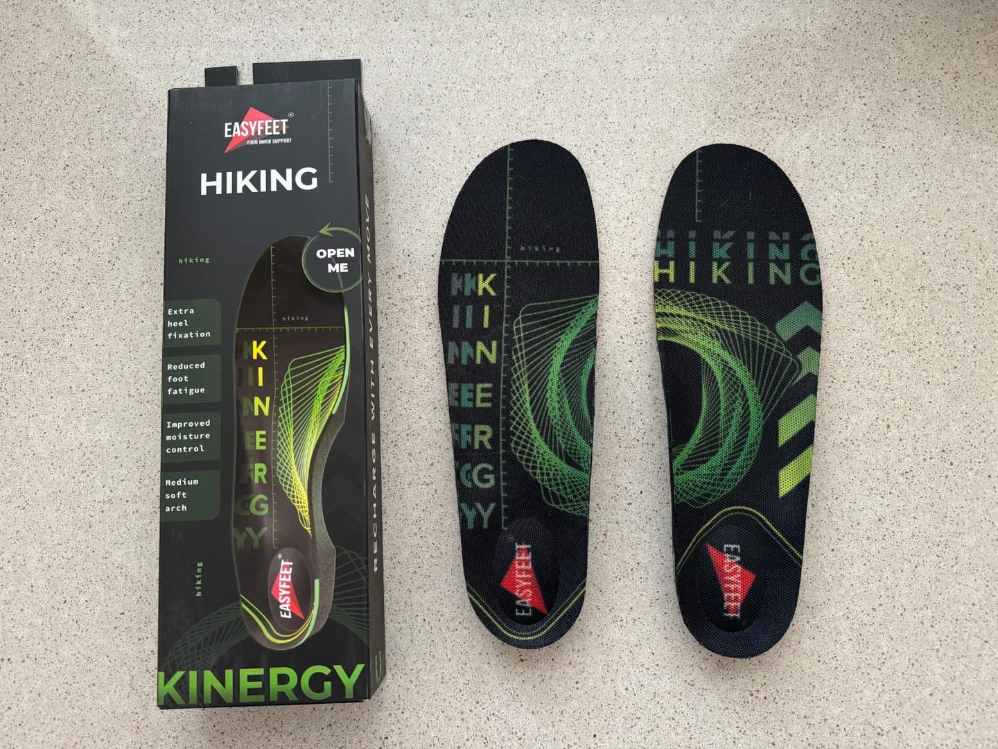 Customer photo review of EASYFEET Hiking Lime Kinergy - Neutral Trail Insoles for Hiking Support (Low Arch)